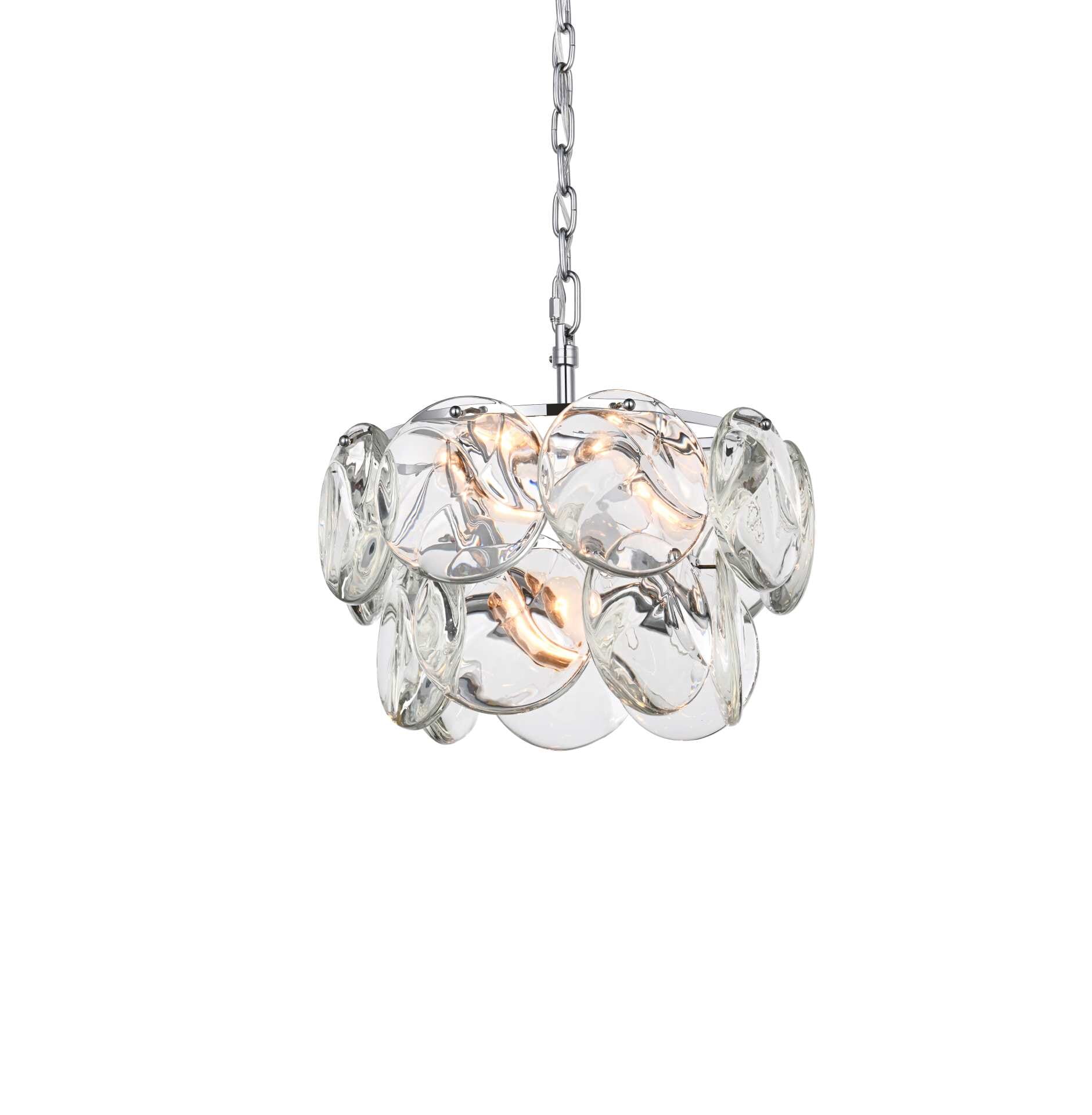 Dimensions
Chain/Rod Length: 59"
Length: 16"
Width: 16"
Height: 10"
Maximum Height: 75"
Wire Length: 142"
Specifications
Assembly Required: yes
Bulb Included: No
Crystal/Glass Color: Clear
Dimmable: Yes
Distressed Finish: No
Dry/Wet/Damp: Dry
ETL: Yes
Finish (Color): Chrome and Clear
Fixture Material: Iron and Crystal
Hanging Device: Chain
Hardware Finish: Chrome
Harware Material: Iron
Max/Nominal Watt: 240W
Number of Lights: 6
Product Shape: Round
Product Type: Chandeliers
Product Warranty: 1 year limited
Socket Type: E12
Voltage: 110V - 125V
Wattage/Bulb: 40W
Weight: 28
Wire Included: Yes
Shipment type: Small parcel - alternate view