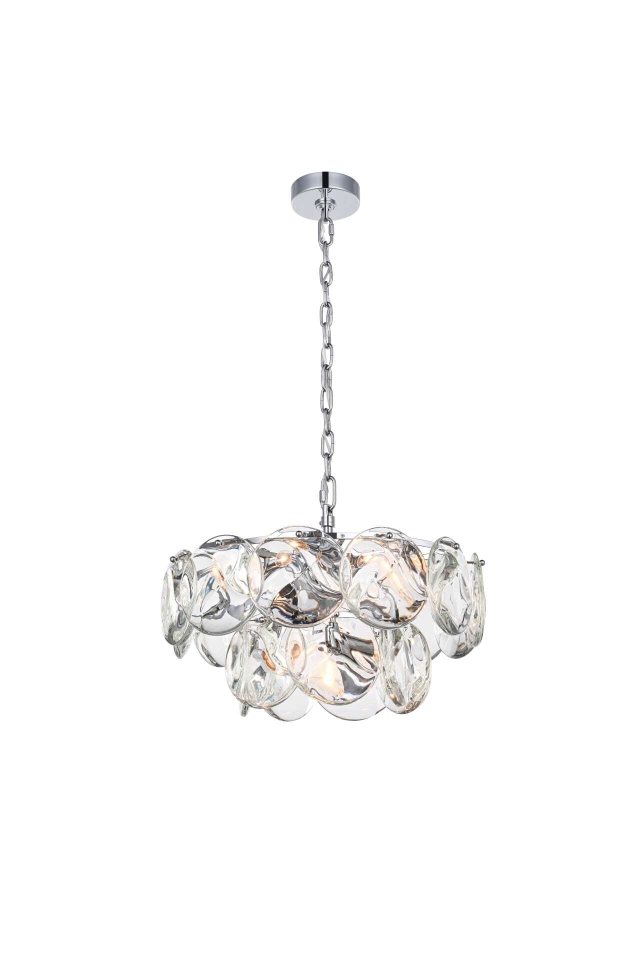 Dimensions
Chain/Rod Length: 59"
Length: 20"
Width: 20"
Height: 10"
Maximum Height: 75"
Wire Length: 142"
Specifications
Assembly Required: yes
Bulb Included: No
Crystal/Glass Color: Clear
Dimmable: Yes
Distressed Finish: No
Dry/Wet/Damp: Dry
ETL: Yes
Finish (Color): Chrome and Clear
Fixture Material: Iron and Crystal
Hanging Device: Chain
Hardware Finish: Chrome
Harware Material: Iron
Max/Nominal Watt: 360W
Number of Lights: 9
Product Shape: Round
Product Type: Chandeliers
Product Warranty: 1 year limited
Socket Type: E12
Voltage: 110V - 125V
Wattage/Bulb: 40W
Weight: 34
Wire Included: Yes
Shipment type: Small parcel - alternate view