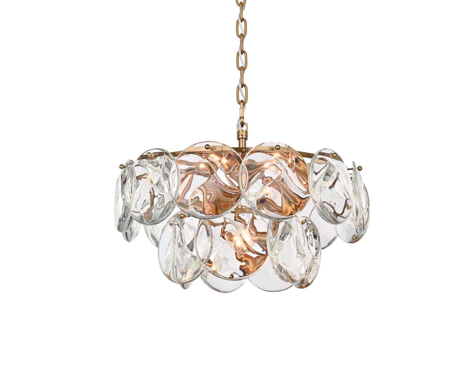 Dimensions
Chain/Rod Length: 59"
Length: 20"
Width: 20"
Height: 10"
Maximum Height: 75"
Wire Length: 142"
Specifications
Assembly Required: yes
Bulb Included: No
Crystal/Glass Color: Clear
Dimmable: Yes
Distressed Finish: No
Dry/Wet/Damp: Dry
ETL: Yes
Finish (Color): Satin Gold and Clear
Fixture Material: Iron and Crystal
Hanging Device: Chain
Hardware Finish: Satin Gold
Harware Material: Iron
Max/Nominal Watt: 360W
Number of Lights: 9
Product Shape: Round
Product Type: Chandeliers
Product Warranty: 1 year limited
Socket Type: E12
Voltage: 110V - 125V
Wattage/Bulb: 40W
Weight: 34
Wire Included: Yes
Shipment type: Small parcel - alternate view