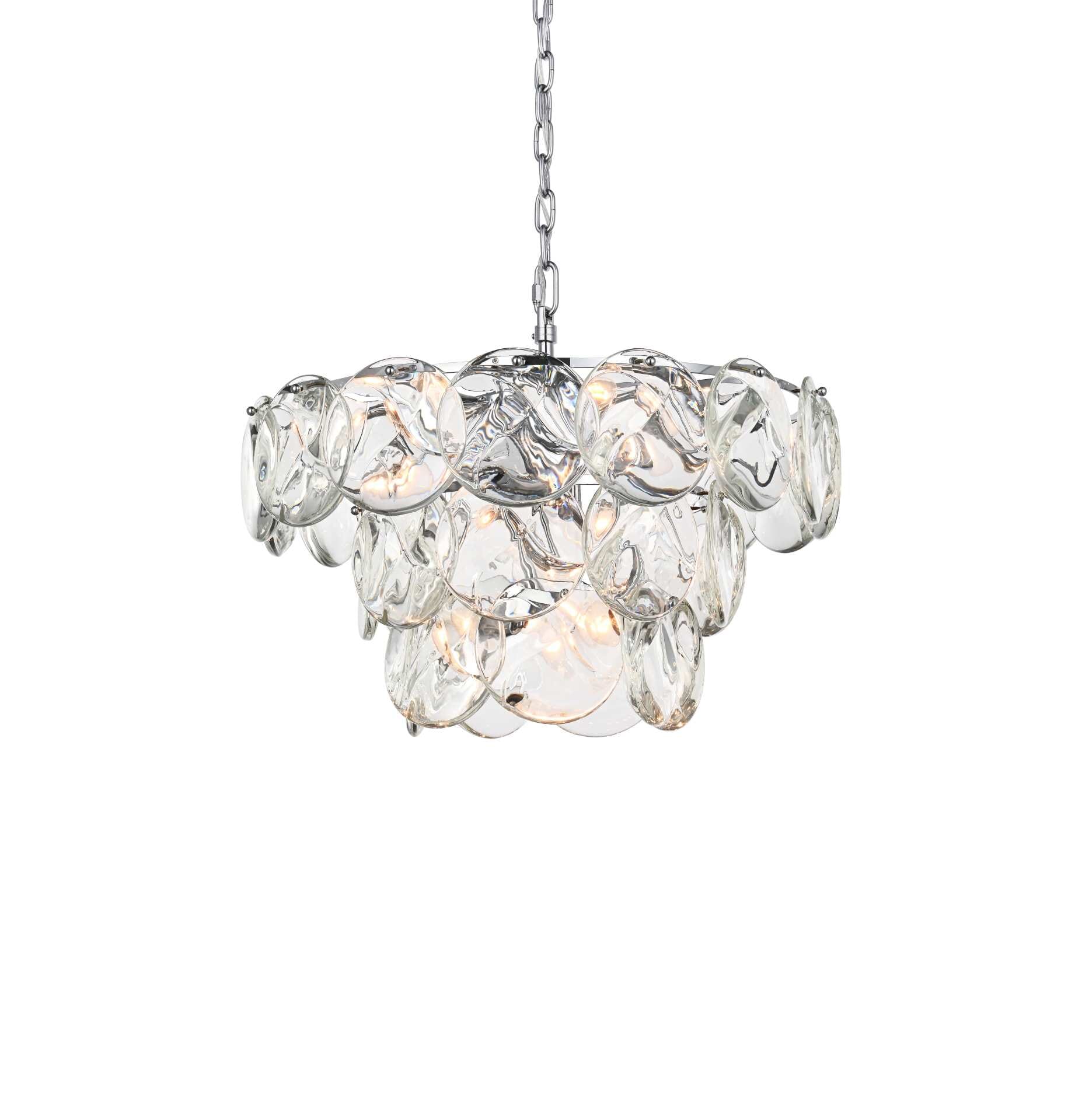 Dimensions
Chain/Rod Length: 59"
Length: 24"
Width: 24"
Height: 14"
Maximum Height: 79"
Wire Length: 142"
Specifications
Assembly Required: yes
Bulb Included: No
Crystal/Glass Color: Clear
Dimmable: Yes
Distressed Finish: No
Dry/Wet/Damp: Dry
ETL: Yes
Finish (Color): Chrome and Clear
Fixture Material: Iron and Crystal
Hanging Device: Chain
Hardware Finish: Chrome
Harware Material: Iron
Max/Nominal Watt: 480W
Number of Lights: 12
Product Shape: Round
Product Type: Chandeliers
Product Warranty: 1 year limited
Socket Type: E12
Voltage: 110V - 125V
Wattage/Bulb: 40W
Weight: 50
Wire Included: Yes
Shipment type: Small parcel - alternate view