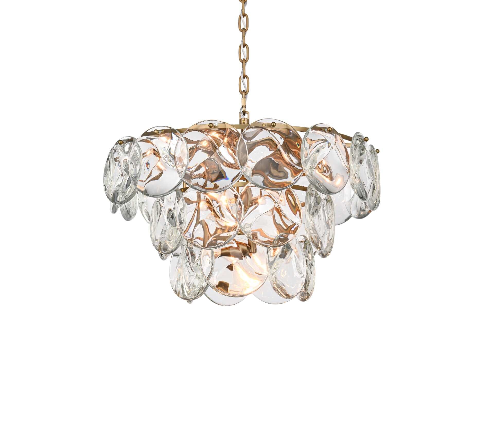 Dimensions
Chain/Rod Length: 59"
Length: 24"
Width: 24"
Height: 14"
Maximum Height: 79"
Wire Length: 142"
Specifications
Assembly Required: yes
Bulb Included: No
Crystal/Glass Color: Clear
Dimmable: Yes
Distressed Finish: No
Dry/Wet/Damp: Dry
ETL: Yes
Finish (Color): Satin Gold and Clear
Fixture Material: Iron and Crystal
Hanging Device: Chain
Hardware Finish: Satin Gold
Harware Material: Iron
Max/Nominal Watt: 480W
Number of Lights: 12
Product Shape: Round
Product Type: Chandeliers
Product Warranty: 1 year limited
Socket Type: E12
Voltage: 110V - 125V
Wattage/Bulb: 40W
Weight: 50
Wire Included: Yes
Shipment type: Small parcel - alternate view