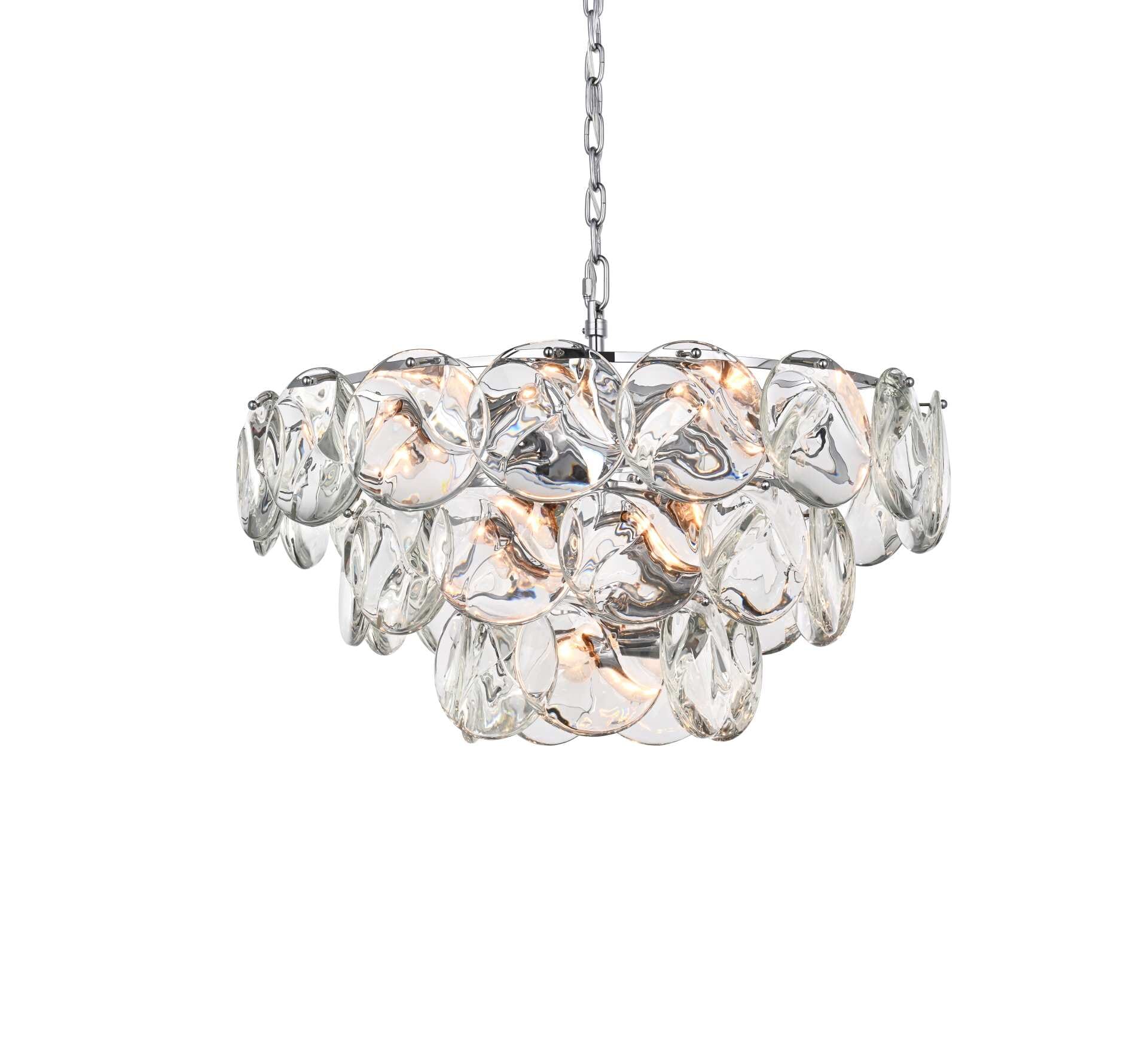 Dimensions
Chain/Rod Length: 59"
Length: 28"
Width: 28"
Height: 14"
Maximum Height: 79"
Wire Length: 142"
Specifications
Assembly Required: yes
Bulb Included: No
Crystal/Glass Color: Clear
Dimmable: Yes
Distressed Finish: No
Dry/Wet/Damp: Dry
ETL: Yes
Finish (Color): Chrome and Clear
Fixture Material: Iron and Crystal
Hanging Device: Chain
Hardware Finish: Chrome
Harware Material: Iron
Max/Nominal Watt: 560W
Number of Lights: 14
Product Shape: Round
Product Type: Chandeliers
Product Warranty: 1 year limited
Socket Type: E12
Voltage: 110V - 125V
Wattage/Bulb: 40W
Weight: 60
Wire Included: Yes
Shipment type: Small parcel - alternate view
