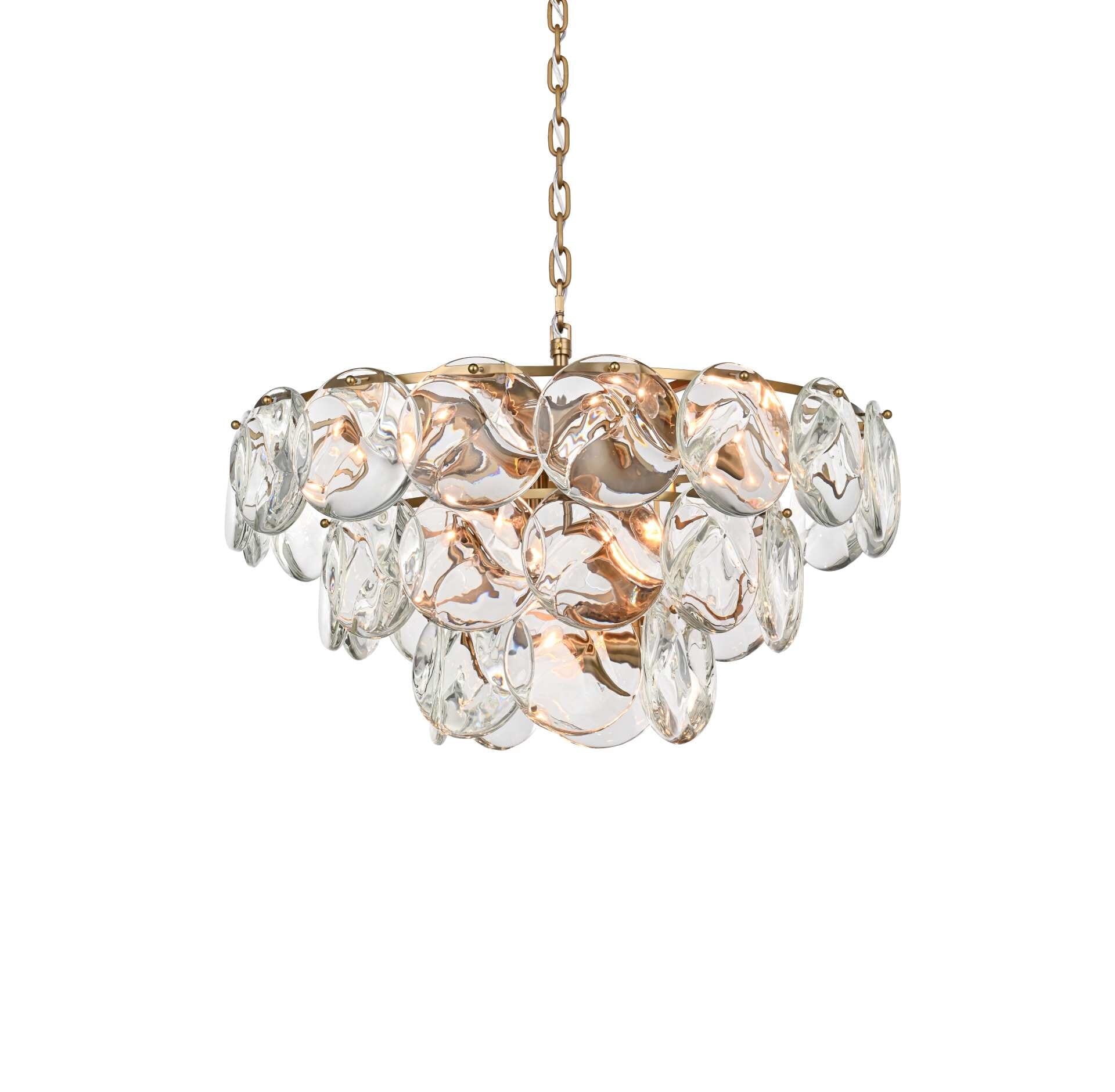 Dimensions
Chain/Rod Length: 59"
Length: 28"
Width: 28"
Height: 14"
Maximum Height: 79"
Wire Length: 142"
Specifications
Assembly Required: yes
Bulb Included: No
Crystal/Glass Color: Clear
Dimmable: Yes
Distressed Finish: No
Dry/Wet/Damp: Dry
ETL: Yes
Finish (Color): Satin Gold and Clear
Fixture Material: Iron and Crystal
Hanging Device: Chain
Hardware Finish: Satin Gold
Harware Material: Iron
Max/Nominal Watt: 560W
Number of Lights: 14
Product Shape: Round
Product Type: Chandeliers
Product Warranty: 1 year limited
Socket Type: E12
Voltage: 110V - 125V
Wattage/Bulb: 40W
Weight: 60
Wire Included: Yes
Shipment type: Small parcel - alternate view