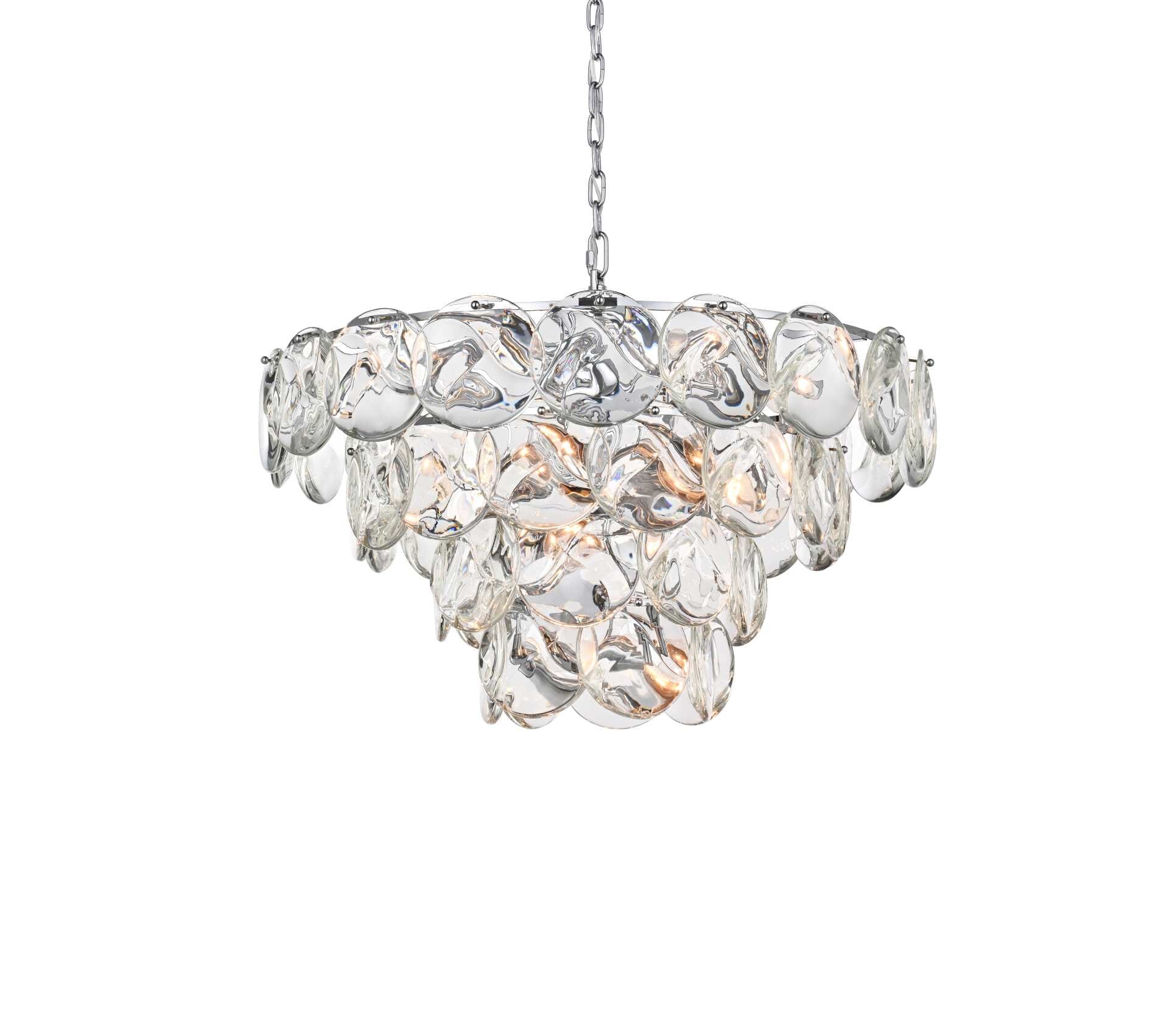 Dimensions
Chain/Rod Length: 59"
Length: 32"
Width: 32"
Height: 18"
Maximum Height: 83"
Wire Length: 142"
Specifications
Assembly Required: yes
Bulb Included: No
Crystal/Glass Color: Clear
Dimmable: Yes
Distressed Finish: No
Dry/Wet/Damp: Dry
ETL: Yes
Finish (Color): Chrome and Clear
Fixture Material: Iron and Crystal
Hanging Device: Chain
Hardware Finish: Chrome
Harware Material: Iron
Max/Nominal Watt: 840W
Number of Lights: 21
Product Shape: Round
Product Type: Chandeliers
Product Warranty: 1 year limited
Socket Type: E12
Voltage: 110V - 125V
Wattage/Bulb: 40W
Weight: 83
Wire Included: Yes
Shipment type: Oversize ground - alternate view