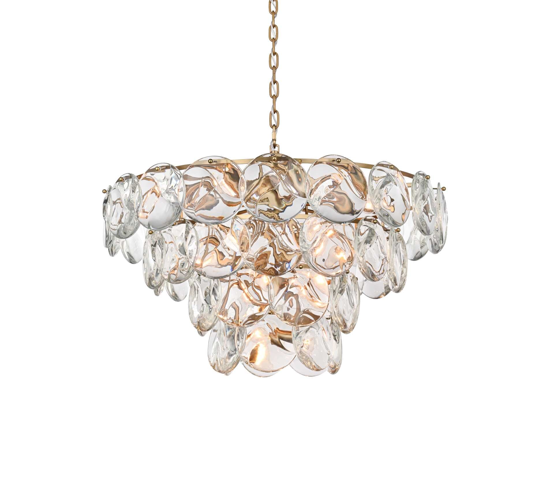 Dimensions
Chain/Rod Length: 59"
Length: 32"
Width: 32"
Height: 18"
Maximum Height: 83"
Wire Length: 142"
Specifications
Assembly Required: yes
Bulb Included: No
Crystal/Glass Color: Clear
Dimmable: Yes
Distressed Finish: No
Dry/Wet/Damp: Dry
ETL: Yes
Finish (Color): Satin Gold and Clear
Fixture Material: Iron and Crystal
Hanging Device: Chain
Hardware Finish: Satin Gold
Harware Material: Iron
Max/Nominal Watt: 840W
Number of Lights: 21
Product Shape: Round
Product Type: Chandeliers
Product Warranty: 1 year limited
Socket Type: E12
Voltage: 110V - 125V
Wattage/Bulb: 40W
Weight: 83
Wire Included: Yes
Shipment type: Oversize ground - alternate view