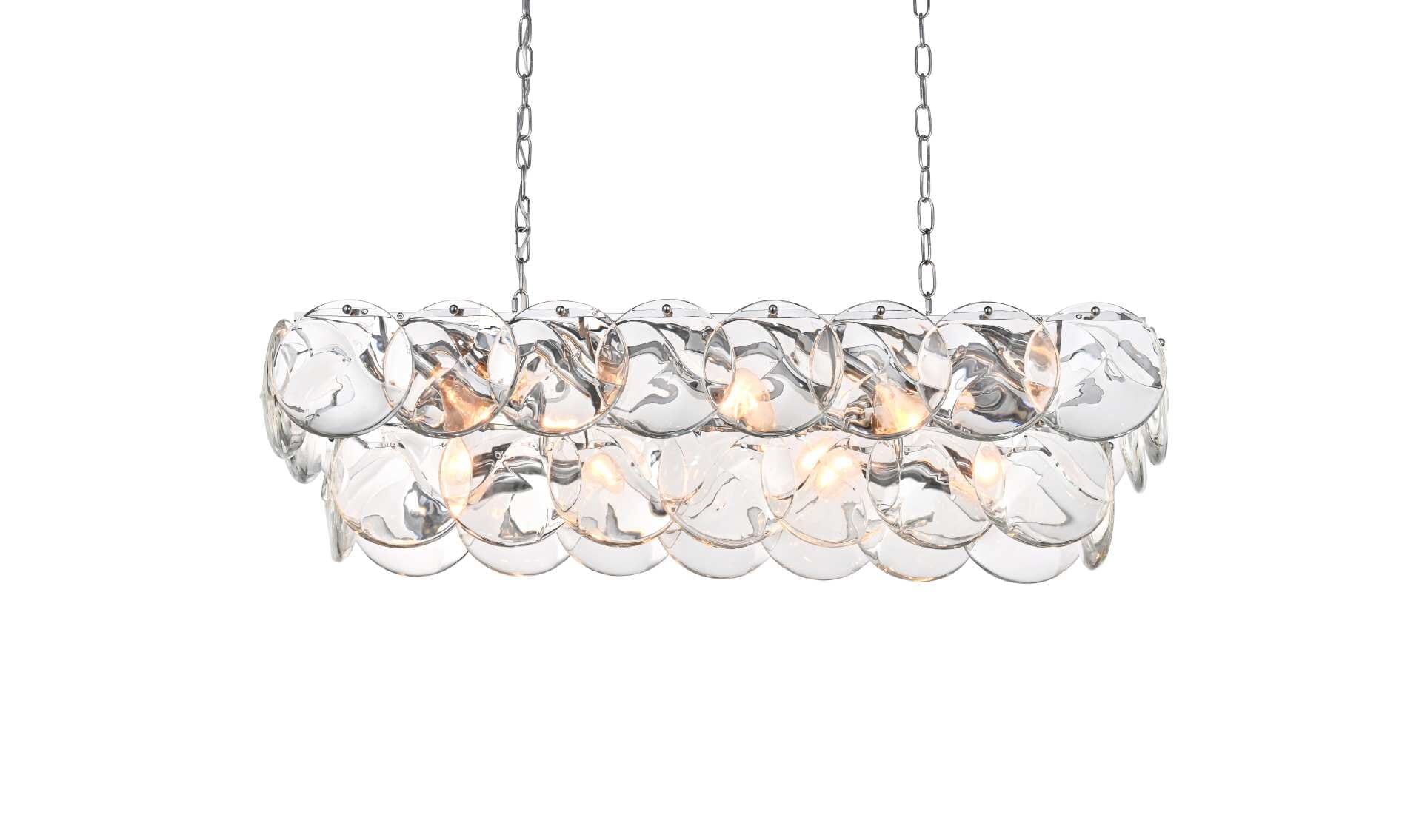 Dimensions
Chain/Rod Length: 59"
Length: 36"
Width: 12"
Height: 10"
Maximum Height: 76"
Wire Length: 142"
Specifications
Assembly Required: yes
Bulb Included: No
Crystal/Glass Color: Clear
Dimmable: Yes
Distressed Finish: No
Dry/Wet/Damp: Dry
ETL: Yes
Finish (Color): Chrome and Clear
Fixture Material: Iron and Crystal
Hanging Device: Chain
Hardware Finish: Chrome
Harware Material: Iron
Max/Nominal Watt: 560W
Number of Lights: 14
Product Shape: Rectangle
Product Type: Chandeliers
Product Warranty: 1 year limited
Socket Type: E12
Voltage: 110V - 125V
Wattage/Bulb: 40W
Weight: 63
Wire Included: Yes
Shipment type: Small parcel - alternate view