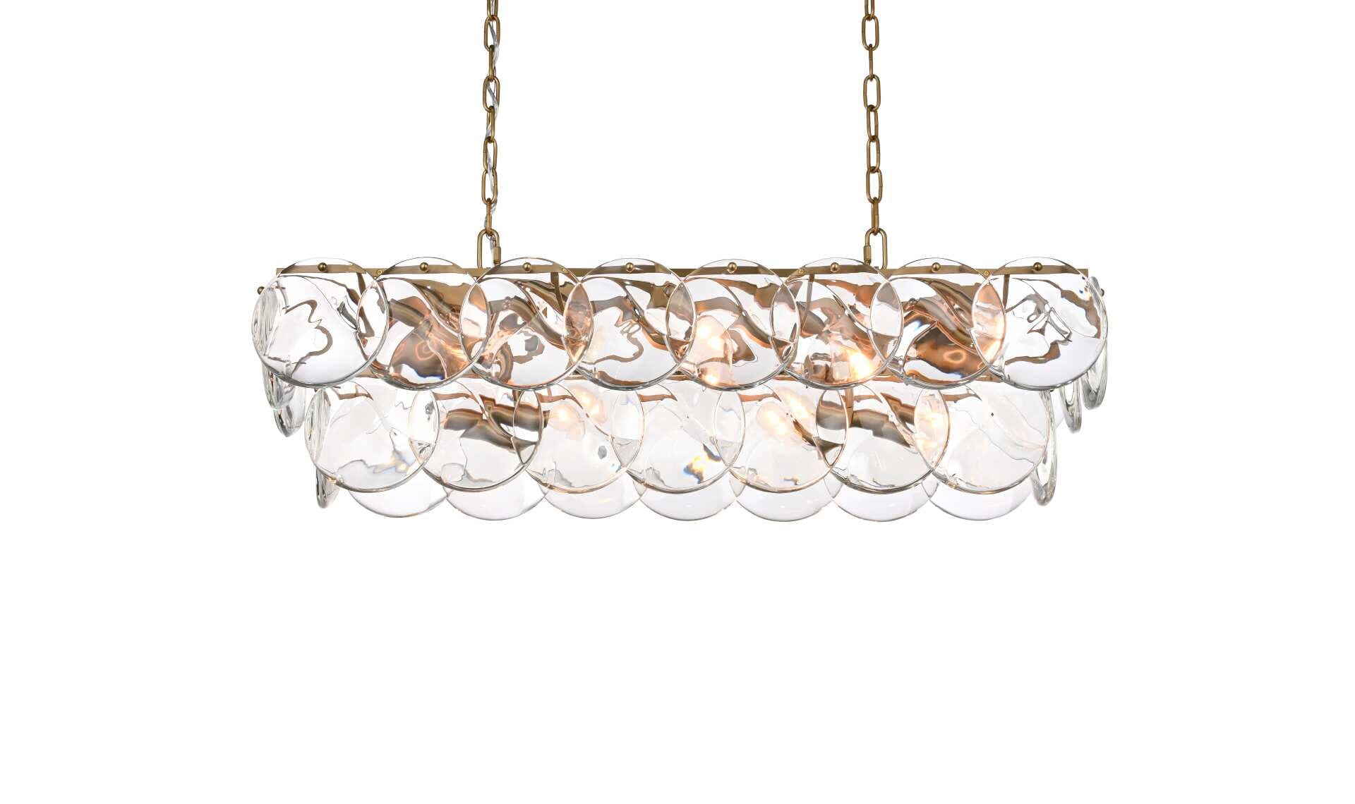 Dimensions
Chain/Rod Length: 59"
Length: 36"
Width: 12"
Height: 10"
Maximum Height: 76"
Wire Length: 142"
Specifications
Assembly Required: yes
Bulb Included: No
Crystal/Glass Color: Clear
Dimmable: Yes
Distressed Finish: No
Dry/Wet/Damp: Dry
ETL: Yes
Finish (Color): Satin Gold and Clear
Fixture Material: Iron and Crystal
Hanging Device: Chain
Hardware Finish: Satin Gold
Harware Material: Iron
Max/Nominal Watt: 560W
Number of Lights: 14
Product Shape: Rectangle
Product Type: Chandeliers
Product Warranty: 1 year limited
Socket Type: E12
Voltage: 110V - 125V
Wattage/Bulb: 40W
Weight: 63
Wire Included: Yes
Shipment type: Small parcel - alternate view