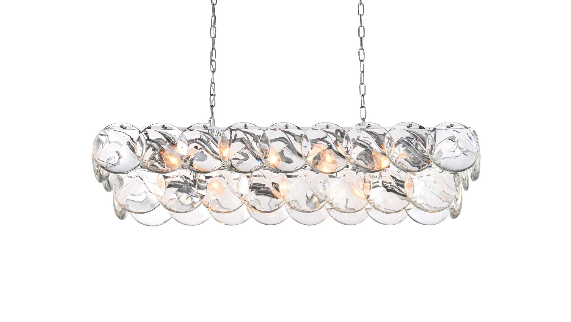 Dimensions
Chain/Rod Length: 59"
Length: 42"
Width: 12"
Height: 10"
Maximum Height: 76"
Wire Length: 142"
Specifications
Assembly Required: yes
Bulb Included: No
Crystal/Glass Color: Clear
Dimmable: Yes
Distressed Finish: No
Dry/Wet/Damp: Dry
ETL: Yes
Finish (Color): Chrome and Clear
Fixture Material: Iron and Crystal
Hanging Device: Chain
Hardware Finish: Chrome
Harware Material: Iron
Max/Nominal Watt: 680W
Number of Lights: 17
Product Shape: Rectangle
Product Type: Chandeliers
Product Warranty: 1 year limited
Socket Type: E12
Voltage: 110V - 125V
Wattage/Bulb: 40W
Weight: 70
Wire Included: Yes
Shipment type: Small parcel - alternate view