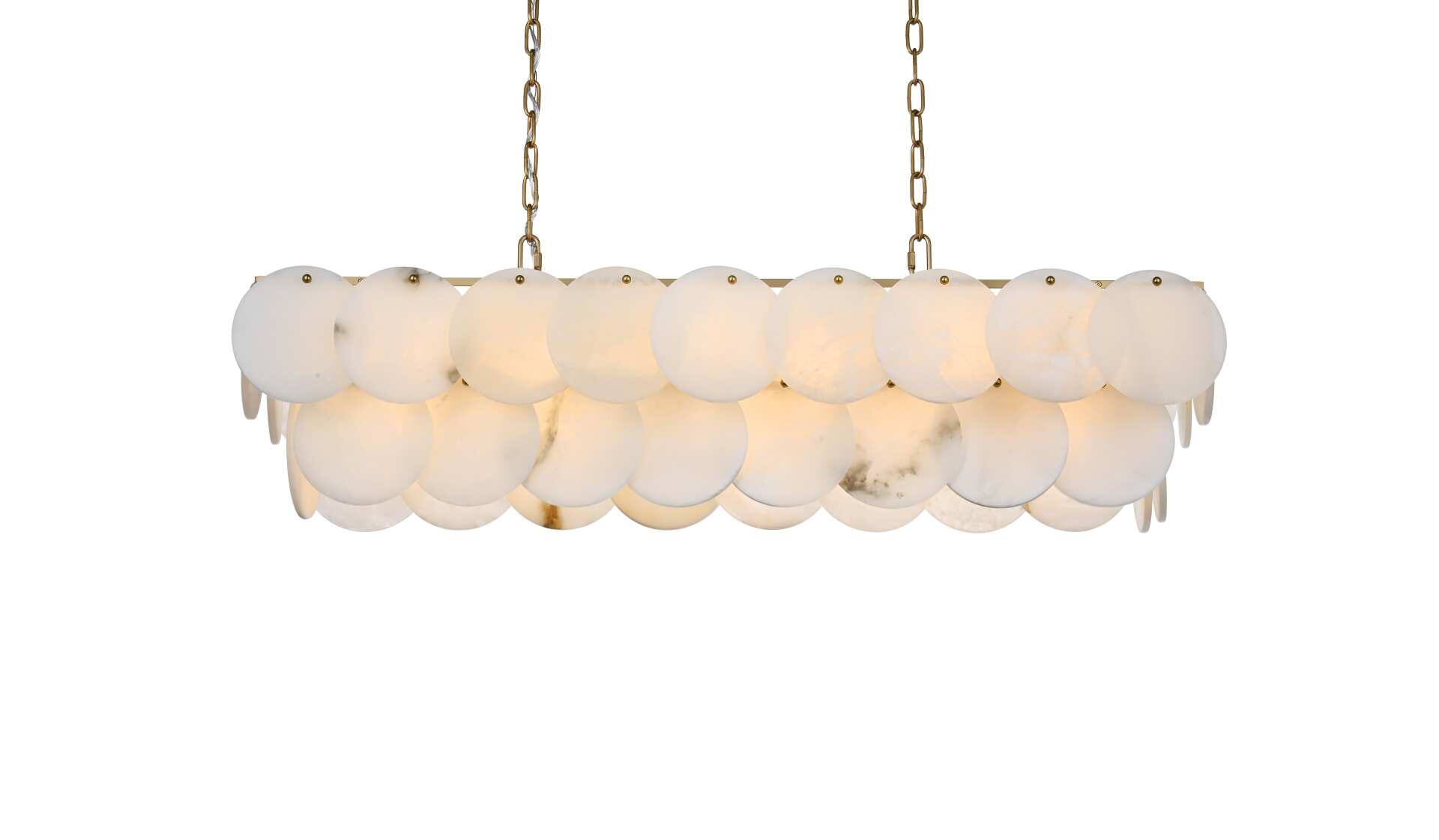 Dimensions
Chain/Rod Length: 59"
Length: 42"
Width: 12"
Height: 10"
Maximum Height: 76"
Wire Length: 142"
Specifications
Assembly Required: yes
Bulb Included: No
Dimmable: Yes
Distressed Finish: No
Dry/Wet/Damp: Dry
ETL: Yes
Finish (Color): Satin Gold and Frosted White
Fixture Material: Iron and Spanish Alabaster
Hanging Device: Chain
Hardware Finish: Satin Gold
Harware Material: Iron
Max/Nominal Watt: 680W
Number of Lights: 17
Product Shape: Rectangle
Product Type: Chandeliers
Product Warranty: 1 year limited
Socket Type: E12
Voltage: 110V - 125V
Wattage/Bulb: 40W
Weight: 43
Wire Included: Yes
Shipment type: Small parcel - alternate view