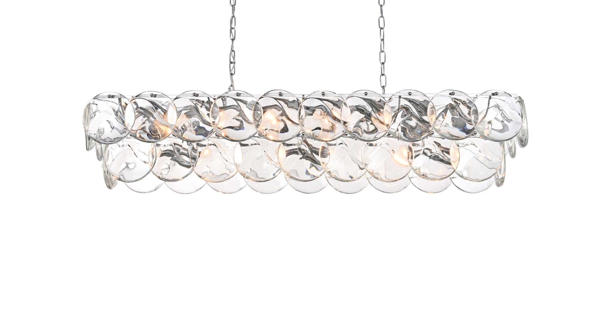 Dimensions
Chain/Rod Length: 59"
Length: 48"
Width: 12"
Height: 10"
Maximum Height: 76"
Wire Length: 142"
Specifications
Assembly Required: yes
Bulb Included: No
Crystal/Glass Color: Clear
Dimmable: Yes
Distressed Finish: No
Dry/Wet/Damp: Dry
ETL: Yes
Finish (Color): Chrome and Clear
Fixture Material: Iron and Crystal
Hanging Device: Chain
Hardware Finish: Chrome
Harware Material: Iron
Max/Nominal Watt: 800W
Number of Lights: 20
Product Shape: Rectangle
Product Type: Chandeliers
Product Warranty: 1 year limited
Socket Type: E12
Voltage: 110V - 125V
Wattage/Bulb: 40W
Weight: 76
Wire Included: Yes
Shipment type: Small parcel - alternate view
