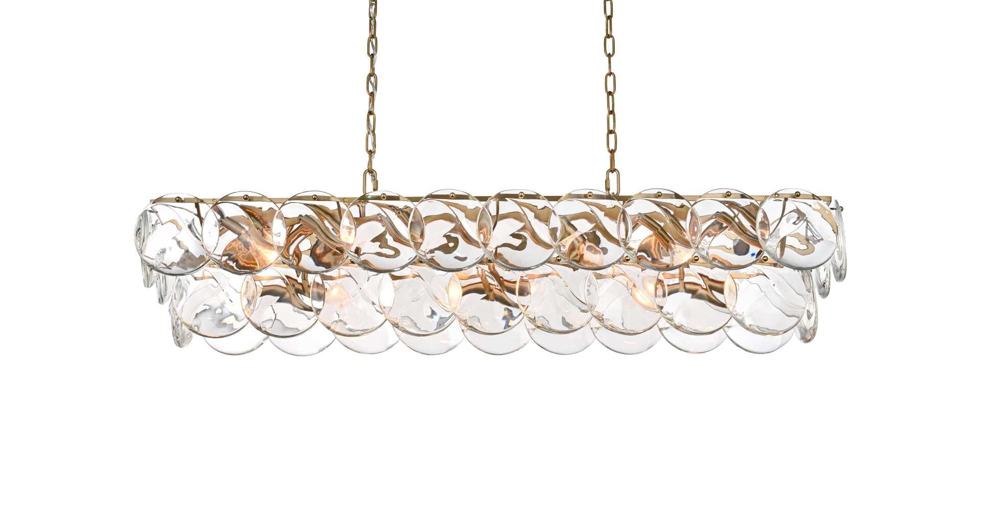 Dimensions
Chain/Rod Length: 59"
Length: 48"
Width: 12"
Height: 10"
Maximum Height: 76"
Wire Length: 142"
Specifications
Assembly Required: yes
Bulb Included: No
Crystal/Glass Color: Clear
Dimmable: Yes
Distressed Finish: No
Dry/Wet/Damp: Dry
ETL: Yes
Finish (Color): Satin Gold and Clear
Fixture Material: Iron and Crystal
Hanging Device: Chain
Hardware Finish: Satin Gold
Harware Material: Iron
Max/Nominal Watt: 800W
Number of Lights: 20
Product Shape: Rectangle
Product Type: Chandeliers
Product Warranty: 1 year limited
Socket Type: E12
Voltage: 110V - 125V
Wattage/Bulb: 40W
Weight: 76
Wire Included: Yes
Shipment type: Small parcel - alternate view