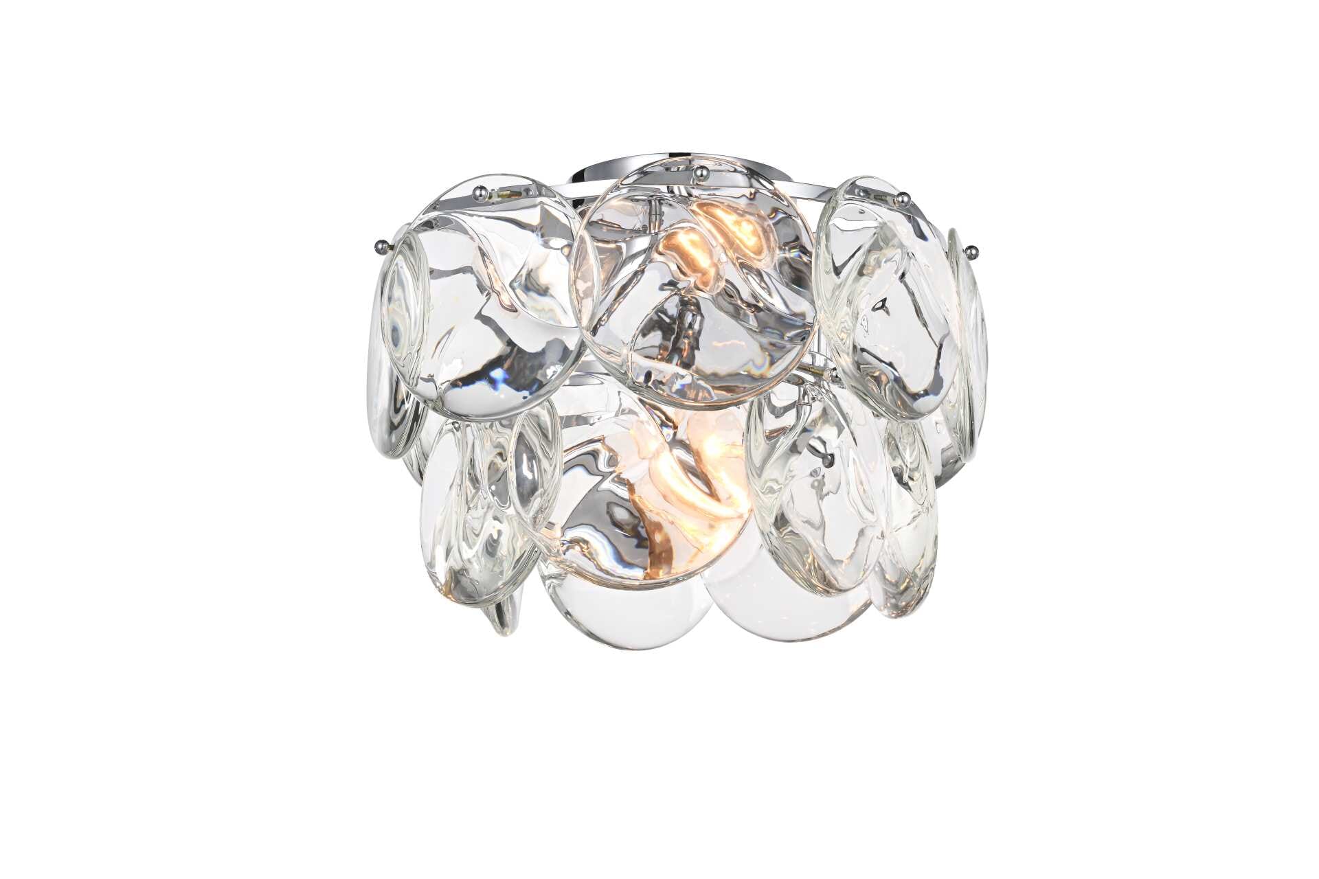 Dimensions
Length: 16"
Width: 16"
Height: 11"
Wire Length: 20"
Specifications
Assembly Required: yes
Bulb Included: No
Crystal/Glass Color: Clear
Dimmable: Yes
Distressed Finish: No
Dry/Wet/Damp: Dry
ETL: Yes
Finish (Color): Chrome and Clear
Fixture Material: Iron and Crystal
Hardware Finish: Chrome
Harware Material: Iron
Max/Nominal Watt: 240W
Number of Lights: 6
Product Shape: Round
Product Type: Flush Mounts
Product Warranty: 1 year limited
Socket Type: E12
Voltage: 110V - 125V
Wattage/Bulb: 40W
Weight: 26
Wire Included: Yes
Shipment type: Small parcel - alternate view