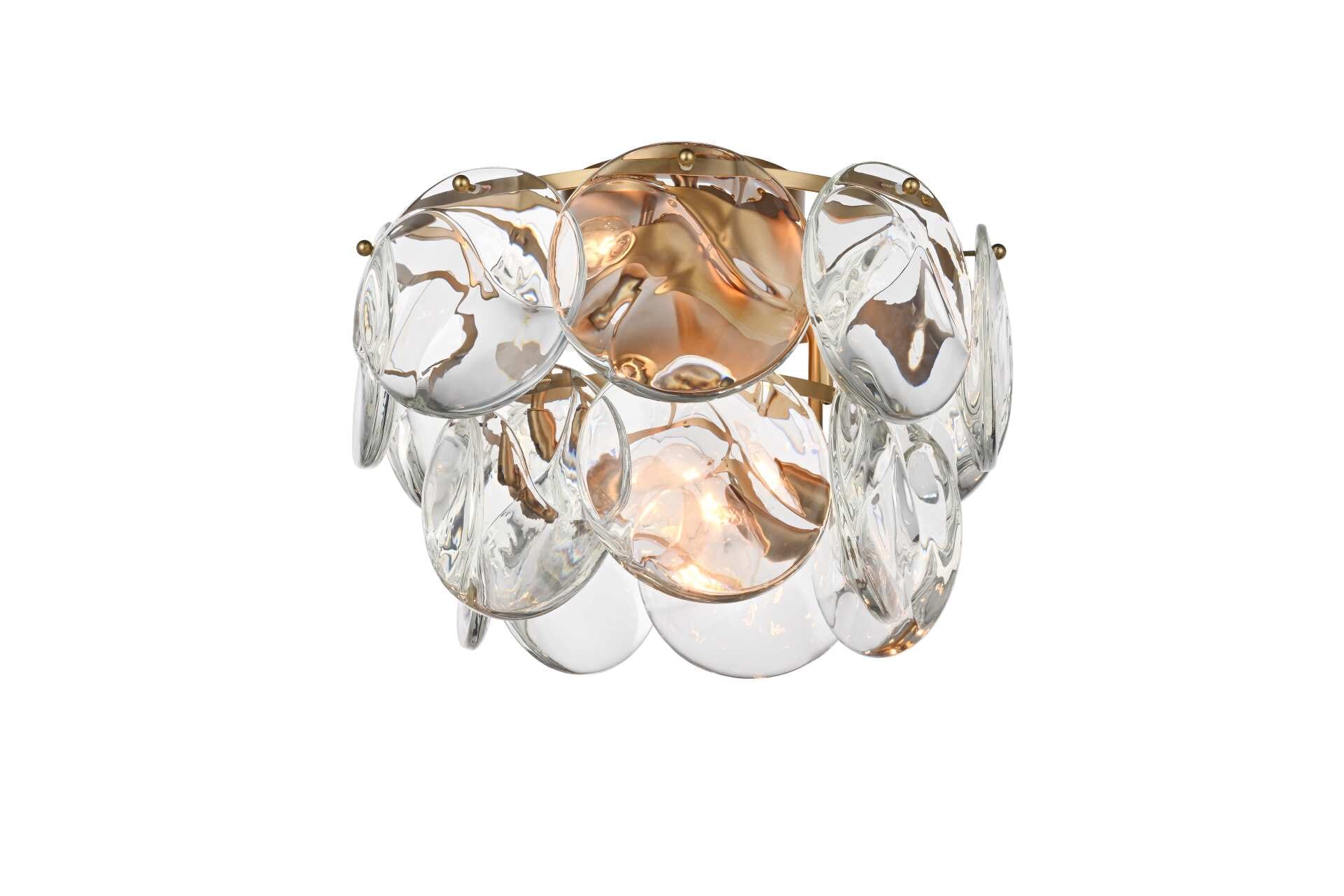 Dimensions
Length: 16"
Width: 16"
Height: 11"
Wire Length: 20"
Specifications
Assembly Required: yes
Bulb Included: No
Crystal/Glass Color: Clear
Dimmable: Yes
Distressed Finish: No
Dry/Wet/Damp: Dry
ETL: Yes
Finish (Color): Satin Gold and Clear
Fixture Material: Iron and Crystal
Hardware Finish: Satin Gold
Harware Material: Iron
Max/Nominal Watt: 240W
Number of Lights: 6
Product Shape: Round
Product Type: Flush Mounts
Product Warranty: 1 year limited
Socket Type: E12
Voltage: 110V - 125V
Wattage/Bulb: 40W
Weight: 26
Wire Included: Yes
Shipment type: Small parcel - alternate view