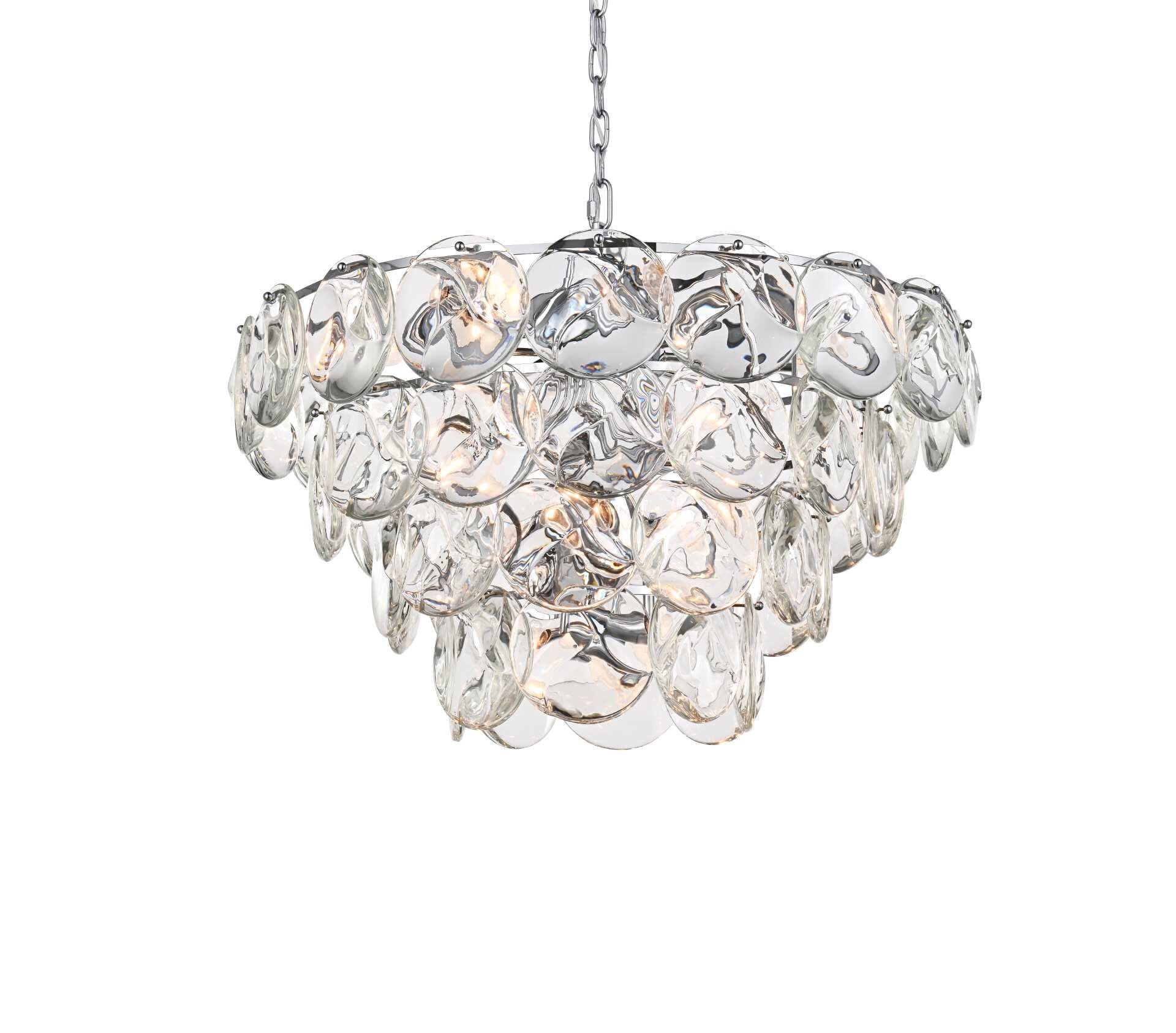 Dimensions
Chain/Rod Length: 59"
Length: 30.5"
Width: 30.5"
Height: 18"
Maximum Height: 86"
Wire Length: 142"
Specifications
Assembly Required: yes
Bulb Included: No
Crystal/Glass Color: Clear
Dimmable: Yes
Distressed Finish: No
Dry/Wet/Damp: Dry
ETL: Yes
Finish (Color): Chrome and Clear
Fixture Material: Iron and Crystal
Hanging Device: Chain
Hardware Finish: Chrome
Harware Material: Iron
Max/Nominal Watt: 840W
Number of Lights: 21
Product Shape: Round
Product Type: Chandeliers
Product Warranty: 1 year limited
Socket Type: E12
Voltage: 110V - 125V
Wattage/Bulb: 40W
Weight: 86
Wire Included: Yes
Shipment type: Oversize ground - alternate view