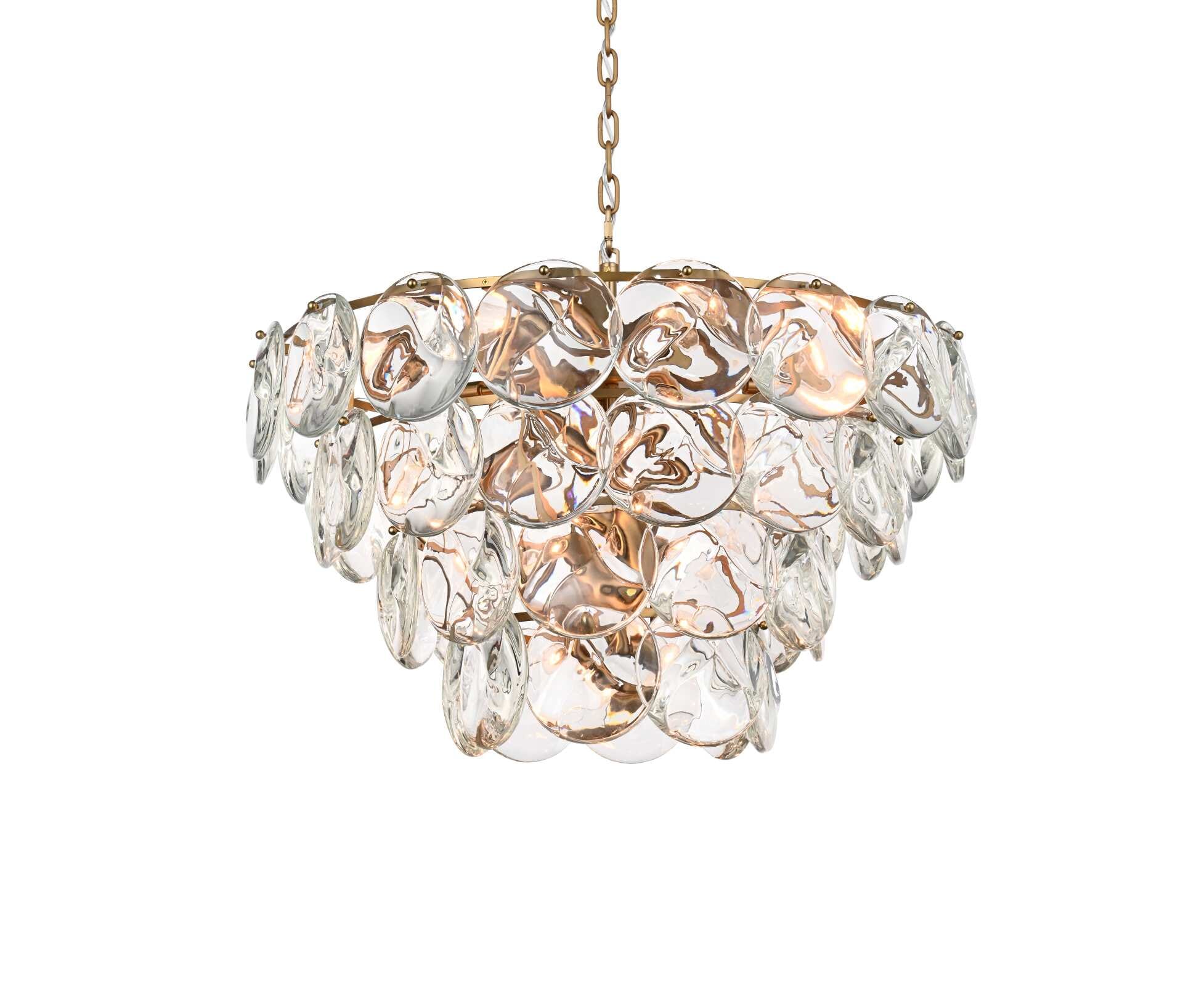 Dimensions
Chain/Rod Length: 59"
Length: 30.5"
Width: 30.5"
Height: 18"
Maximum Height: 86"
Wire Length: 142"
Specifications
Assembly Required: yes
Bulb Included: No
Crystal/Glass Color: Clear
Dimmable: Yes
Distressed Finish: No
Dry/Wet/Damp: Dry
ETL: Yes
Finish (Color): Satin Gold and Clear
Fixture Material: Iron and Crystal
Hanging Device: Chain
Hardware Finish: Satin Gold
Harware Material: Iron
Max/Nominal Watt: 840W
Number of Lights: 21
Product Shape: Round
Product Type: Chandeliers
Product Warranty: 1 year limited
Socket Type: E12
Voltage: 110V - 125V
Wattage/Bulb: 40W
Weight: 86
Wire Included: Yes
Shipment type: Oversize ground - alternate view