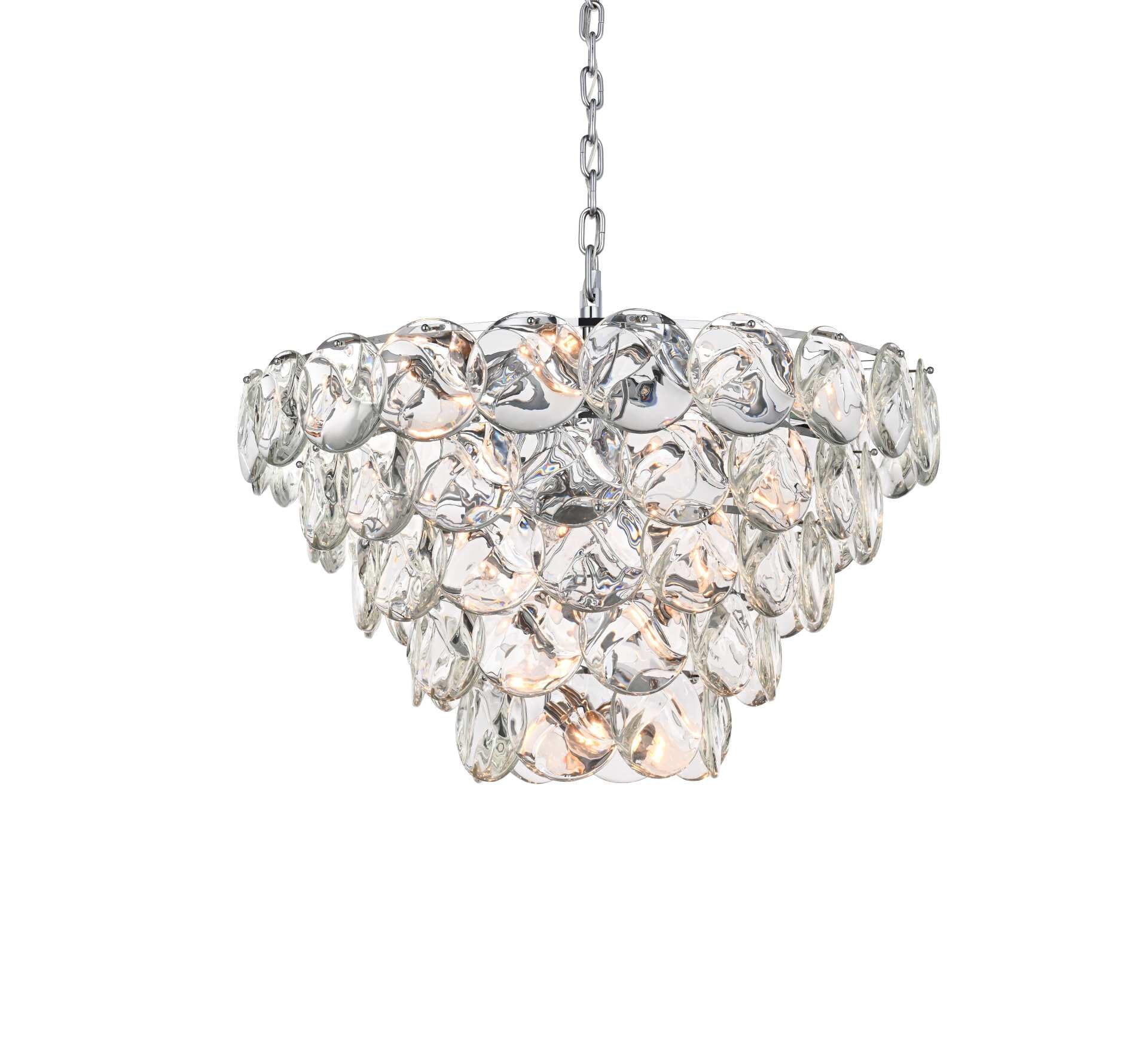 Dimensions
Chain/Rod Length: 59"
Length: 36.5"
Width: 36.5"
Height: 21.5"
Maximum Height: 97"
Wire Length: 142"
Specifications
Assembly Required: yes
Bulb Included: No
Crystal/Glass Color: Clear
Dimmable: Yes
Distressed Finish: No
Dry/Wet/Damp: Dry
ETL: Yes
Finish (Color): Chrome and Clear
Fixture Material: Iron and Crystal
Hanging Device: Chain
Hardware Finish: Chrome
Harware Material: Iron
Max/Nominal Watt: 1160W
Number of Lights: 29
Product Shape: Round
Product Type: Chandeliers
Product Warranty: 1 year limited
Socket Type: E12
Voltage: 110V - 125V
Wattage/Bulb: 40W
Weight: 128
Wire Included: Yes
Shipment type: LTL - alternate view