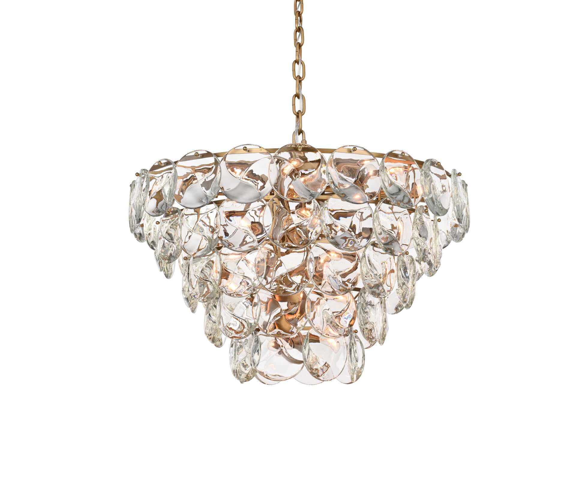 Dimensions
Chain/Rod Length: 59"
Length: 36.5"
Width: 36.5"
Height: 21.5"
Maximum Height: 97"
Wire Length: 142"
Specifications
Assembly Required: yes
Bulb Included: No
Crystal/Glass Color: Clear
Dimmable: Yes
Distressed Finish: No
Dry/Wet/Damp: Dry
ETL: Yes
Finish (Color): Satin Gold and Clear
Fixture Material: Iron and Crystal
Hanging Device: Chain
Hardware Finish: Satin Gold
Harware Material: Iron
Max/Nominal Watt: 1160W
Number of Lights: 29
Product Shape: Round
Product Type: Chandeliers
Product Warranty: 1 year limited
Socket Type: E12
Voltage: 110V - 125V
Wattage/Bulb: 40W
Weight: 128
Wire Included: Yes
Shipment type: LTL - alternate view