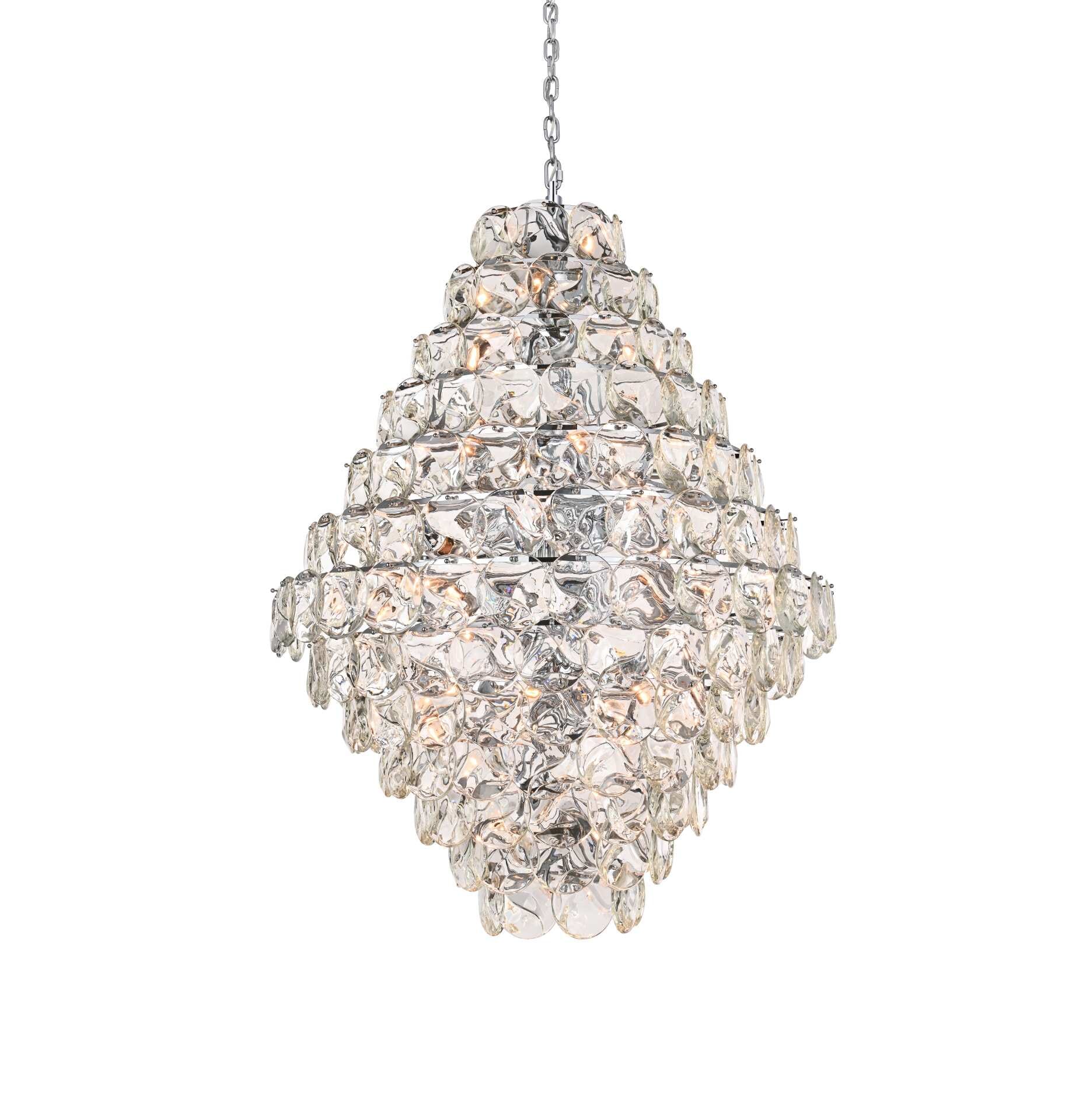 Dimensions
Chain/Rod Length: 59"
Length: 48"
Width: 48"
Height: 64"
Maximum Height: 138"
Wire Length: 142"
Specifications
Assembly Required: yes
Bulb Included: No
Crystal/Glass Color: Clear
Dimmable: Yes
Distressed Finish: No
Dry/Wet/Damp: Dry
ETL: Yes
Finish (Color): Chrome and Clear
Fixture Material: Iron and Crystal
Hanging Device: Chain
Hardware Finish: Chrome
Harware Material: Iron
Max/Nominal Watt: 3600W
Number of Lights: 90
Product Shape: Round
Product Type: Chandeliers
Product Warranty: 1 year limited
Socket Type: E12
Voltage: 110V - 125V
Wattage/Bulb: 40W
Weight: 384
Wire Included: Yes
Shipment type: LTL - alternate view