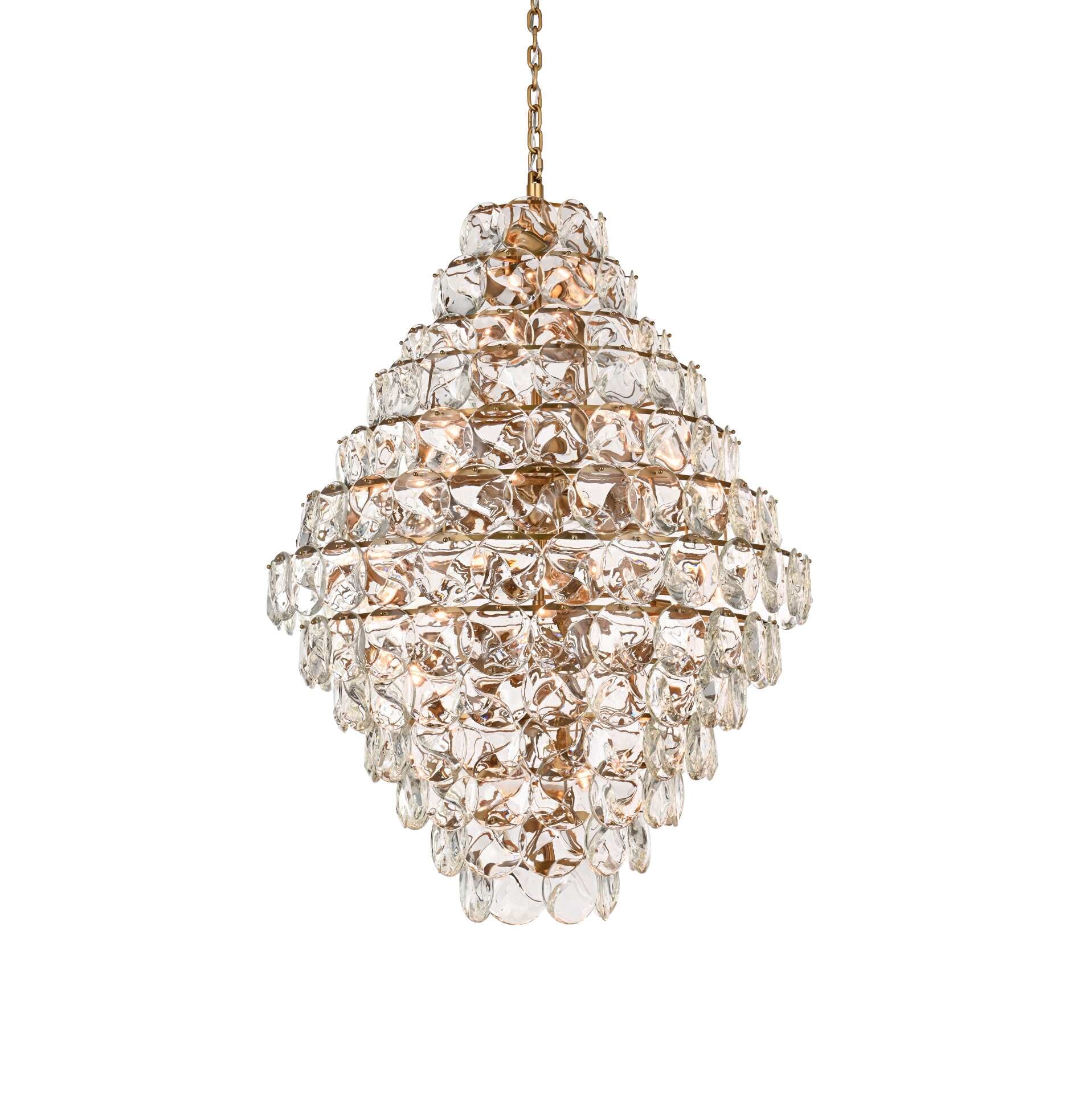 Dimensions
Chain/Rod Length: 59"
Length: 48"
Width: 48"
Height: 64"
Maximum Height: 138"
Wire Length: 142"
Specifications
Assembly Required: yes
Bulb Included: No
Crystal/Glass Color: Clear
Dimmable: Yes
Distressed Finish: No
Dry/Wet/Damp: Dry
ETL: Yes
Finish (Color): Satin Gold and Clear
Fixture Material: Iron and Crystal
Hanging Device: Chain
Hardware Finish: Satin Gold
Harware Material: Iron
Max/Nominal Watt: 3600W
Number of Lights: 90
Product Shape: Round
Product Type: Chandeliers
Product Warranty: 1 year limited
Socket Type: E12
Voltage: 110V - 125V
Wattage/Bulb: 40W
Weight: 384
Wire Included: Yes
Shipment type: LTL - alternate view