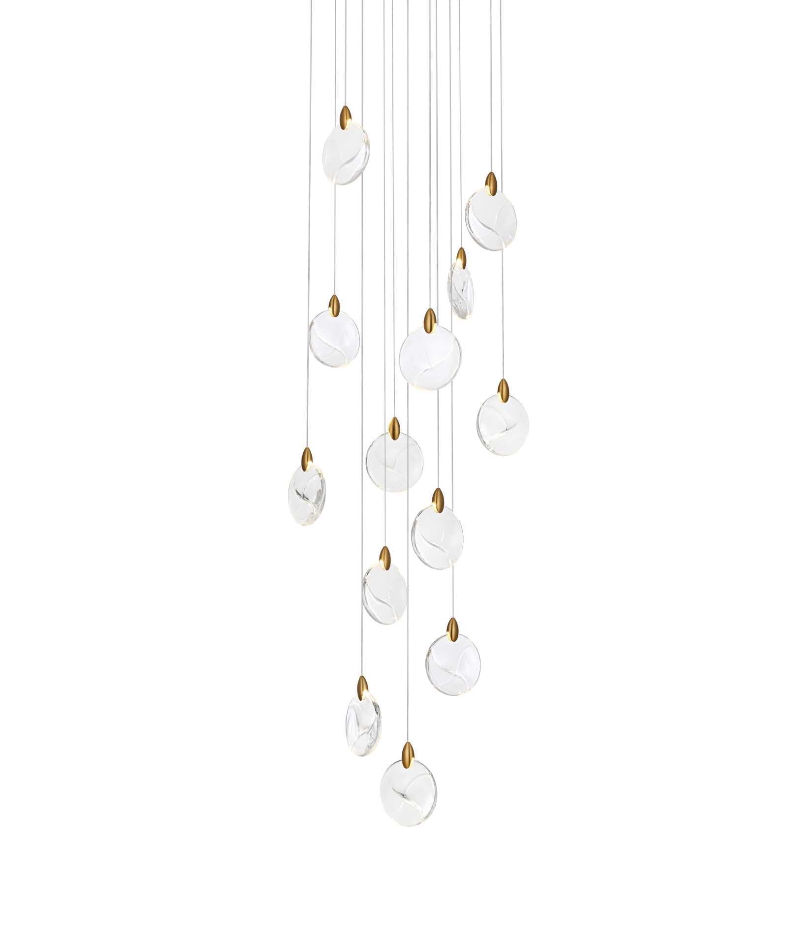 Dimensions
Chain/Rod Length: 142"
Length: 24"
Width: 24"
Height: 7.5"
Maximum Height: 125"
Wire Length: 142"
Specifications
Assembly Required: yes
Average Life (Hours): 6000
Bulb Included: Yes
Color Temperature: 3500K
CRI: 80
Crystal/Glass Color: Clear
Dimmable: Yes
Distressed Finish: No
Dry/Wet/Damp: Dry
ETL: Yes
Finish (Color): Satin Gold and Clear
Fixture Material: Iron and Crystal
Hanging Device: Cord
Hardware Finish: Satin Gold
Harware Material: Iron
Lumens: 150
Max/Nominal Watt: 26W
Number of Lights: 13
Product Shape: Round
Product Type: Pendants
Product Warranty: 1 year limited
Socket Type: LED
Voltage: 110V - 125V
Wattage/Bulb: 2W
Watts: 2W
Weight: 33
Wire Included: Yes
Shipment type: Small parcel - alternate view