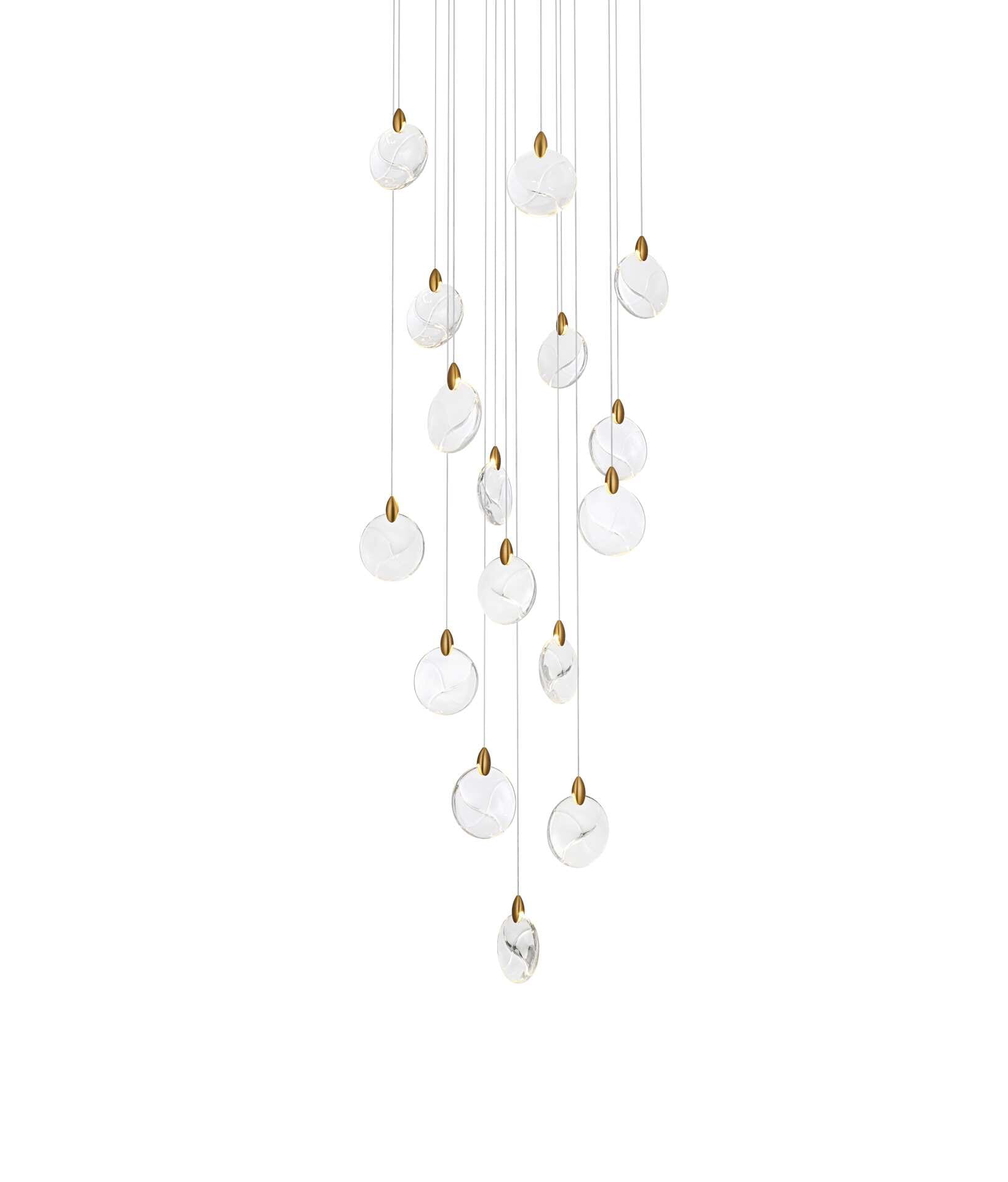 Dimensions
Chain/Rod Length: 142"
Length: 28"
Width: 28"
Height: 7.5"
Maximum Height: 125"
Wire Length: 142"
Specifications
Assembly Required: yes
Average Life (Hours): 6000
Bulb Included: Yes
Color Temperature: 3500K
CRI: 80
Crystal/Glass Color: Clear
Dimmable: Yes
Distressed Finish: No
Dry/Wet/Damp: Dry
ETL: Yes
Finish (Color): Satin Gold and Clear
Fixture Material: Iron and Crystal
Hanging Device: Cord
Hardware Finish: Satin Gold
Harware Material: Iron
Lumens: 150
Max/Nominal Watt: 32W
Number of Lights: 16
Product Shape: Round
Product Type: Pendants
Product Warranty: 1 year limited
Socket Type: LED
Voltage: 110V - 125V
Wattage/Bulb: 2W
Watts: 2W
Weight: 40
Wire Included: Yes
Shipment type: Small parcel - alternate view