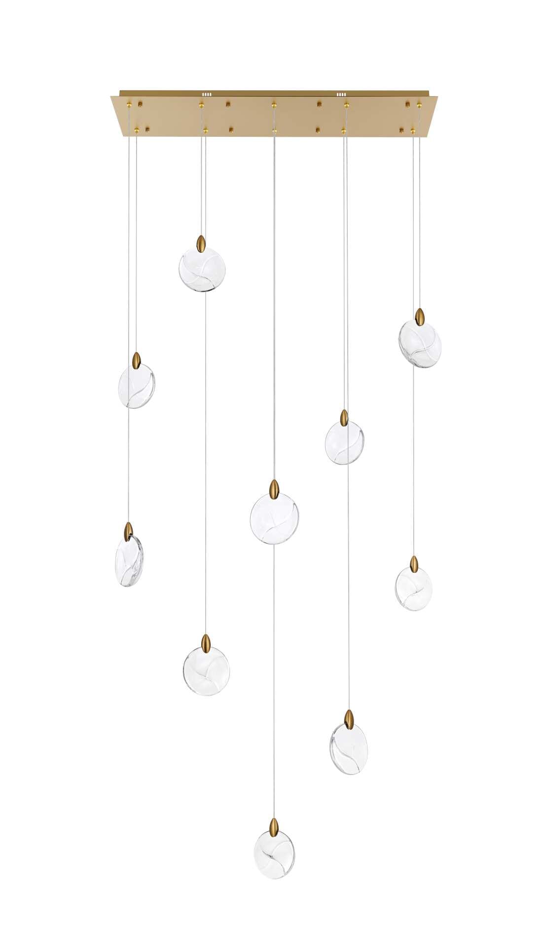 Dimensions
Chain/Rod Length: 142"
Length: 42"
Width: 12"
Height: 7.5"
Maximum Height: 125"
Wire Length: 142"
Specifications
Assembly Required: yes
Average Life (Hours): 6000
Bulb Included: Yes
Color Temperature: 3500K
CRI: 80
Crystal/Glass Color: Clear
Dimmable: Yes
Distressed Finish: No
Dry/Wet/Damp: Dry
ETL: Yes
Finish (Color): Satin Gold and Clear
Fixture Material: Iron and Crystal
Hanging Device: Cord
Hardware Finish: Satin Gold
Harware Material: Iron
Lumens: 150
Max/Nominal Watt: 20W
Number of Lights: 10
Product Shape: Rectangle
Product Type: Pendants
Product Warranty: 1 year limited
Socket Type: LED
Voltage: 110V - 125V
Wattage/Bulb: 2W
Watts: 2W
Weight: 31
Wire Included: Yes
Shipment type: Small parcel - alternate view