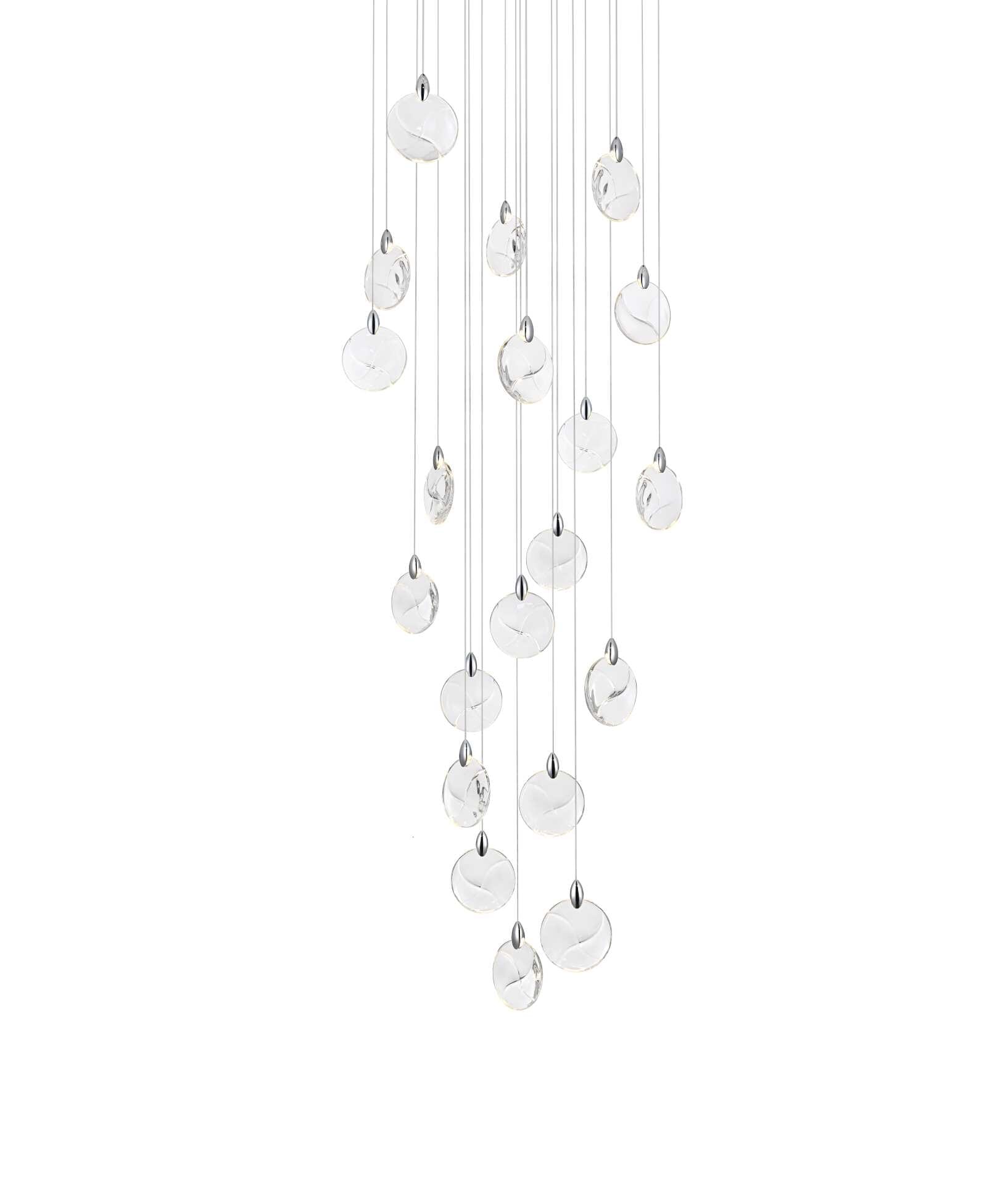 Dimensions
Chain/Rod Length: 142"
Length: 32"
Width: 32"
Height: 7.5"
Maximum Height: 125"
Wire Length: 142"
Specifications
Assembly Required: yes
Average Life (Hours): 6000
Bulb Included: Yes
Color Temperature: 3500K
CRI: 80
Crystal/Glass Color: Clear
Dimmable: Yes
Distressed Finish: No
Dry/Wet/Damp: Dry
ETL: Yes
Finish (Color): Chrome and Clear
Fixture Material: Iron and Crystal
Hanging Device: Cord
Hardware Finish: Chrome
Harware Material: Iron
Lumens: 150
Max/Nominal Watt: 40W
Number of Lights: 20
Product Shape: Round
Product Type: Chandeliers
Product Warranty: 1 year limited
Socket Type: LED
Voltage: 110V - 125V
Wattage/Bulb: 2W
Watts: 2W
Weight: 53
Wire Included: Yes
Shipment type: Small parcel - alternate view