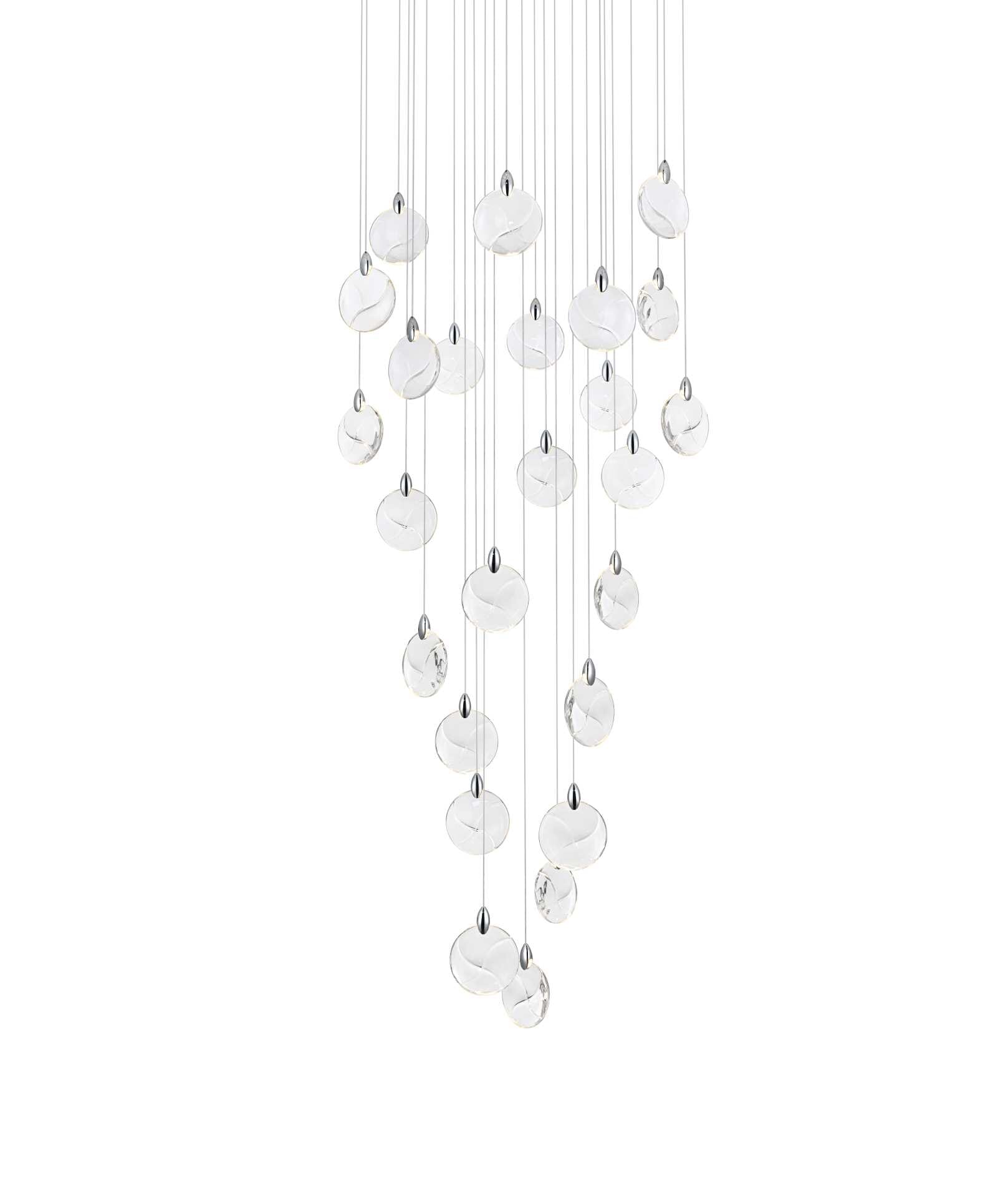 Dimensions
Chain/Rod Length: 142"
Length: 36"
Width: 36"
Height: 7.5"
Maximum Height: 125"
Wire Length: 142"
Specifications
Assembly Required: yes
Average Life (Hours): 6000
Bulb Included: Yes
Color Temperature: 3500K
CRI: 80
Crystal/Glass Color: Clear
Dimmable: Yes
Distressed Finish: No
Dry/Wet/Damp: Dry
ETL: Yes
Finish (Color): Chrome and Clear
Fixture Material: Iron and Crystal
Hanging Device: Cord
Hardware Finish: Chrome
Harware Material: Iron
Lumens: 150
Max/Nominal Watt: 50W
Number of Lights: 25
Product Shape: Round
Product Type: Chandeliers
Product Warranty: 1 year limited
Socket Type: LED
Voltage: 110V - 125V
Wattage/Bulb: 2W
Watts: 2W
Weight: 66
Wire Included: Yes
Shipment type: Oversize ground - alternate view