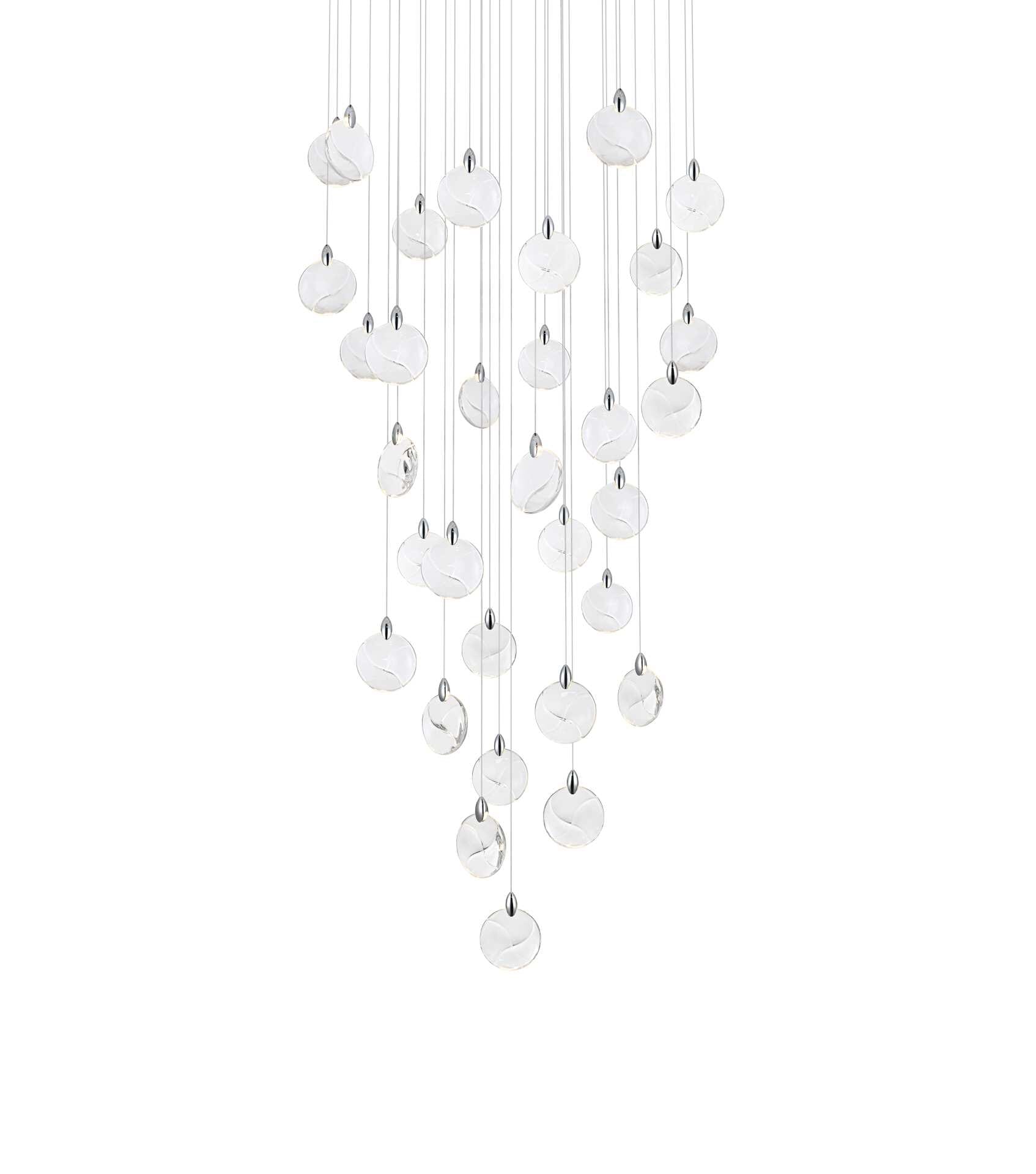 Dimensions
Chain/Rod Length: 142"
Length: 42"
Width: 42"
Height: 7.5"
Maximum Height: 125"
Wire Length: 142"
Specifications
Assembly Required: yes
Average Life (Hours): 6000
Bulb Included: Yes
Color Temperature: 3500K
CRI: 80
Crystal/Glass Color: Clear
Dimmable: Yes
Distressed Finish: No
Dry/Wet/Damp: Dry
ETL: Yes
Finish (Color): Chrome and Clear
Fixture Material: Iron and Crystal
Hanging Device: Cord
Hardware Finish: Chrome
Harware Material: Iron
Lumens: 150
Max/Nominal Watt: 64W
Number of Lights: 32
Product Shape: Round
Product Type: Chandeliers
Product Warranty: 1 year limited
Socket Type: LED
Voltage: 110V - 125V
Wattage/Bulb: 2W
Watts: 2W
Weight: 85
Wire Included: Yes
Shipment type: Oversize ground - alternate view