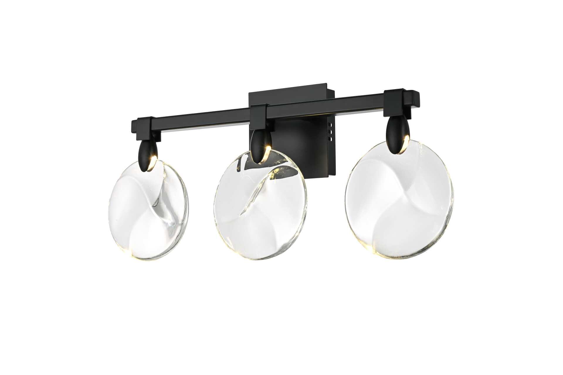 Dimensions
Width: 22"
Height: 9.5"
Extension: 4"
Wire Length: 20"
Specifications
Assembly Required: yes
Average Life (Hours): 6000
Bulb Included: Yes
Color Temperature: 3500K
CRI: 80
Crystal/Glass Color: Clear
Dimmable: Yes
Distressed Finish: No
Dry/Wet/Damp: Dry
ETL: Yes
Finish (Color): Black and Clear
Fixture Material: Iron and Crystal
Hardware Finish: Black
Harware Material: Iron
Lumens: 150
Max/Nominal Watt: 6W
Number of Lights: 3
Product Shape: Rectangle
Product Type: Wall Sconce
Product Warranty: 1 year limited
Socket Type: LED
Voltage: 110V - 125V
Wattage/Bulb: 2W
Watts: 2W
Weight: 8
Wire Included: Yes
Shipment type: Small parcel - alternate view