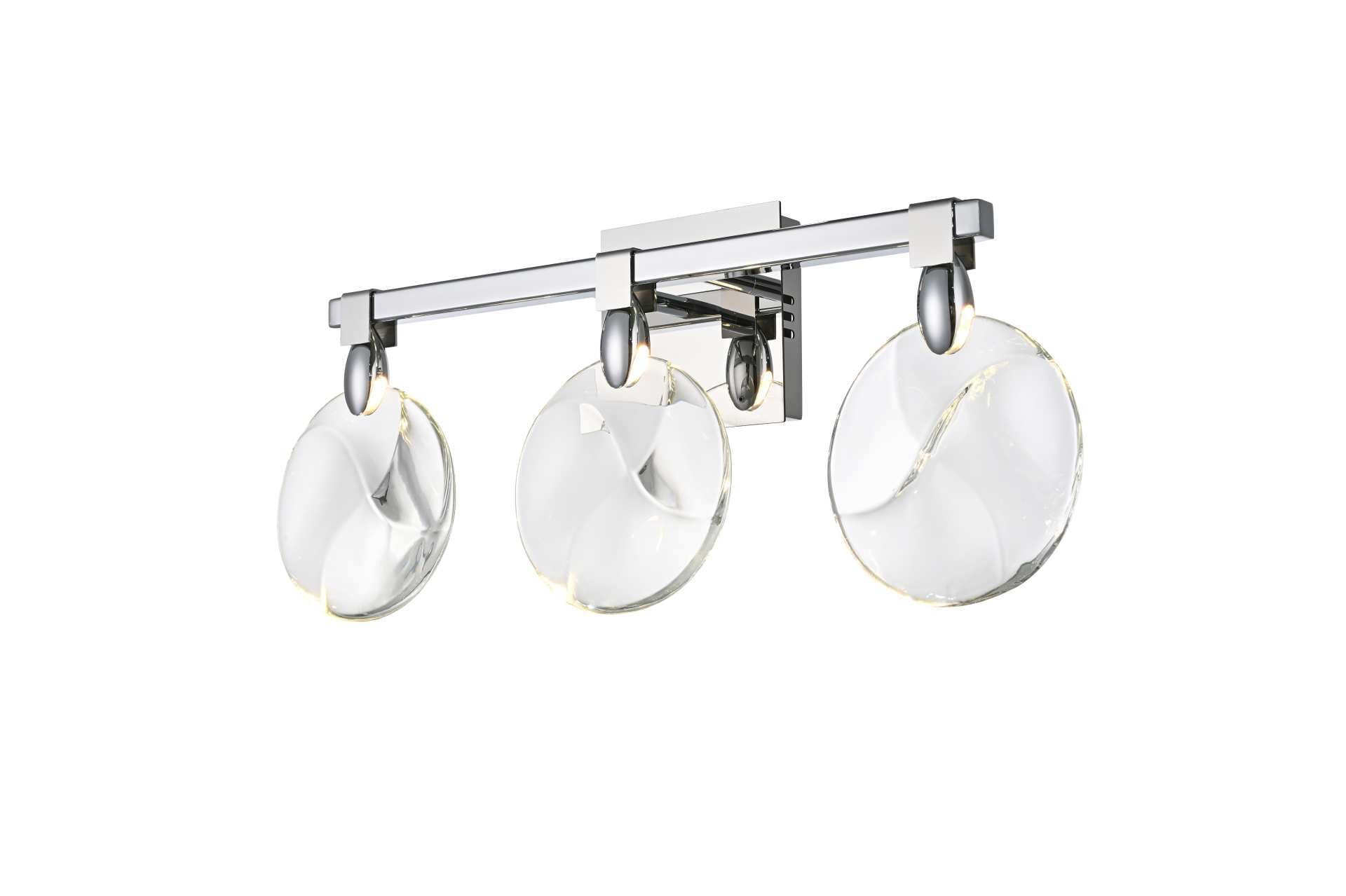 Dimensions
Width: 22"
Height: 9.5"
Extension: 4"
Wire Length: 20"
Specifications
Assembly Required: yes
Average Life (Hours): 6000
Bulb Included: Yes
Color Temperature: 3500K
CRI: 80
Crystal/Glass Color: Clear
Dimmable: Yes
Distressed Finish: No
Dry/Wet/Damp: Dry
ETL: Yes
Finish (Color): Chrome and Clear
Fixture Material: Iron and Crystal
Hardware Finish: Chrome
Harware Material: Iron
Lumens: 150
Max/Nominal Watt: 6W
Number of Lights: 3
Product Shape: Rectangle
Product Type: Wall Sconce
Product Warranty: 1 year limited
Socket Type: LED
Voltage: 110V - 125V
Wattage/Bulb: 2W
Watts: 2W
Weight: 8
Wire Included: Yes
Shipment type: Small parcel - alternate view