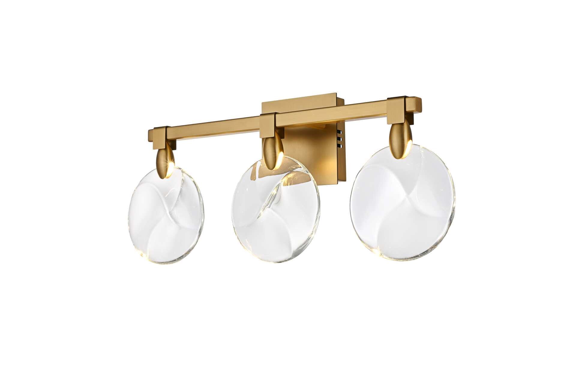 Dimensions
Width: 22"
Height: 9.5"
Extension: 4"
Wire Length: 20"
Specifications
Assembly Required: yes
Average Life (Hours): 6000
Bulb Included: Yes
Color Temperature: 3500K
CRI: 80
Crystal/Glass Color: Clear
Dimmable: Yes
Distressed Finish: No
Dry/Wet/Damp: Dry
ETL: Yes
Finish (Color): Satin Gold and Clear
Fixture Material: Iron and Crystal
Hardware Finish: Satin Gold
Harware Material: Iron
Lumens: 150
Max/Nominal Watt: 6W
Number of Lights: 3
Product Shape: Rectangle
Product Type: Wall Sconce
Product Warranty: 1 year limited
Socket Type: LED
Voltage: 110V - 125V
Wattage/Bulb: 2W
Watts: 2W
Weight: 8
Wire Included: Yes
Shipment type: Small parcel - alternate view