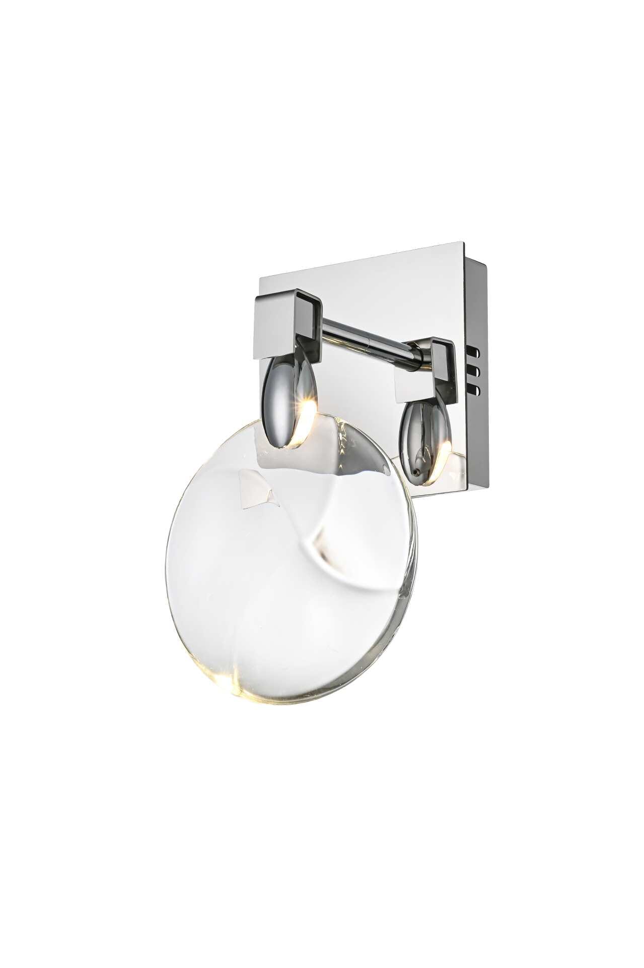 Dimensions
Width: 6"
Height: 9.5"
Extension: 4"
Wire Length: 20"
Specifications
Assembly Required: yes
Average Life (Hours): 6000
Bulb Included: Yes
Color Temperature: 3500K
CRI: 80
Crystal/Glass Color: Clear
Dimmable: Yes
Distressed Finish: No
Dry/Wet/Damp: Dry
ETL: Yes
Finish (Color): Chrome and Clear
Fixture Material: Iron and Crystal
Hardware Finish: Chrome
Harware Material: Iron
Lumens: 150
Max/Nominal Watt: 2W
Number of Lights: 1
Product Shape: Rectangle
Product Type: Wall Sconce
Product Warranty: 1 year limited
Socket Type: LED
Voltage: 110V - 125V
Wattage/Bulb: 2W
Watts: 2W
Weight: 4
Wire Included: Yes
Shipment type: Small parcel - alternate view