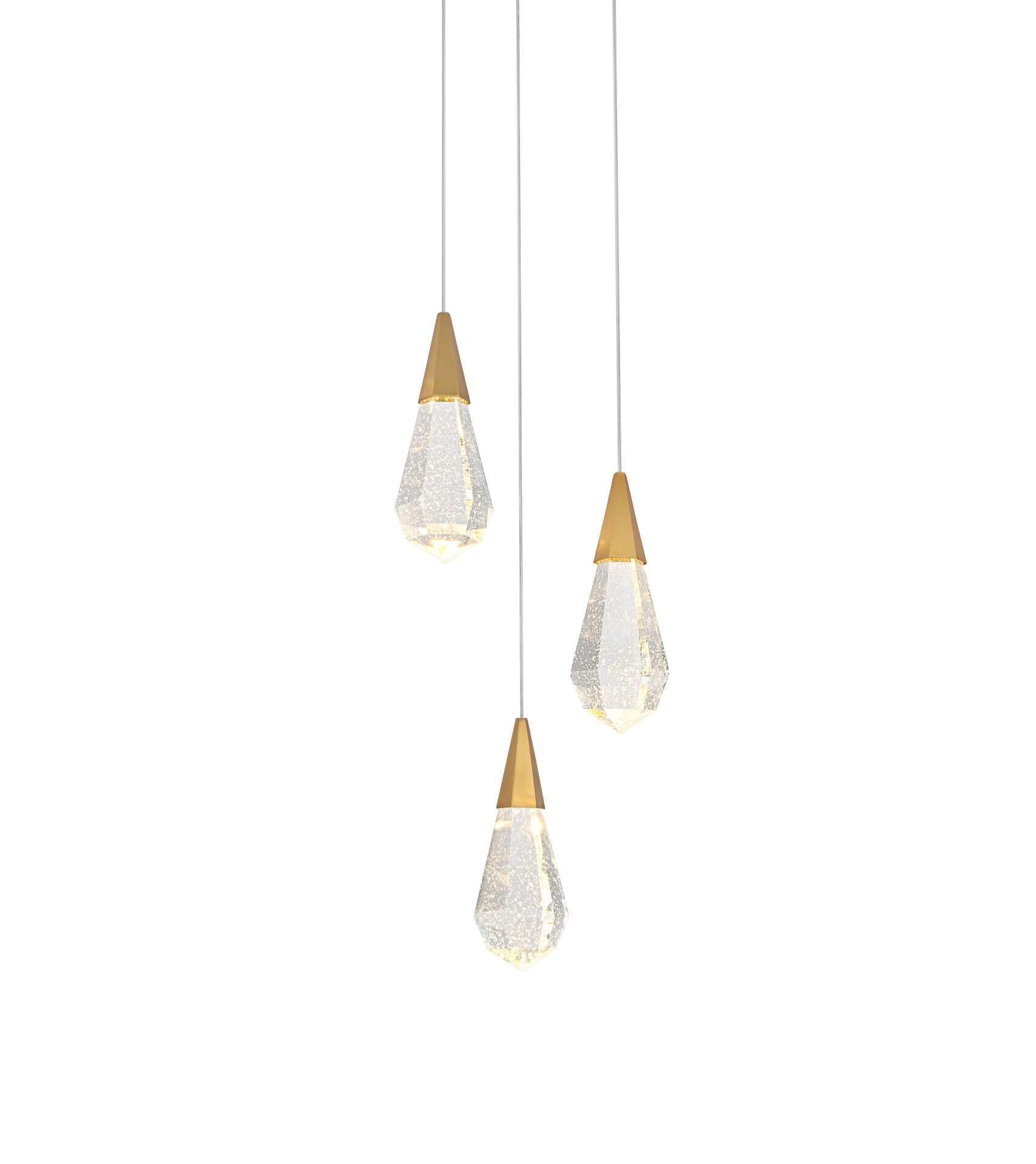 Dimensions
Chain/Rod Length: 142"
Length: 12"
Width: 12"
Height: 10"
Maximum Height: 128"
Wire Length: 142"
Specifications
Assembly Required: yes
Average Life (Hours): 6000
Bulb Included: Yes
Color Temperature: 3500K
CRI: 80
Crystal/Glass Color: Clear
Dimmable: Yes
Distressed Finish: No
Dry/Wet/Damp: Dry
ETL: Yes
Finish (Color): Satin Gold and Clear
Fixture Material: Iron and Crystal
Hanging Device: Cord
Hardware Finish: Satin Gold
Harware Material: Iron
Lumens: 150
Max/Nominal Watt: 6W
Number of Lights: 3
Product Shape: Round
Product Type: Pendants
Product Warranty: 1 year limited
Socket Type: LED
Voltage: 110V - 125V
Wattage/Bulb: 2W
Watts: 2W
Weight: 15
Wire Included: Yes
Shipment type: Small parcel - alternate view