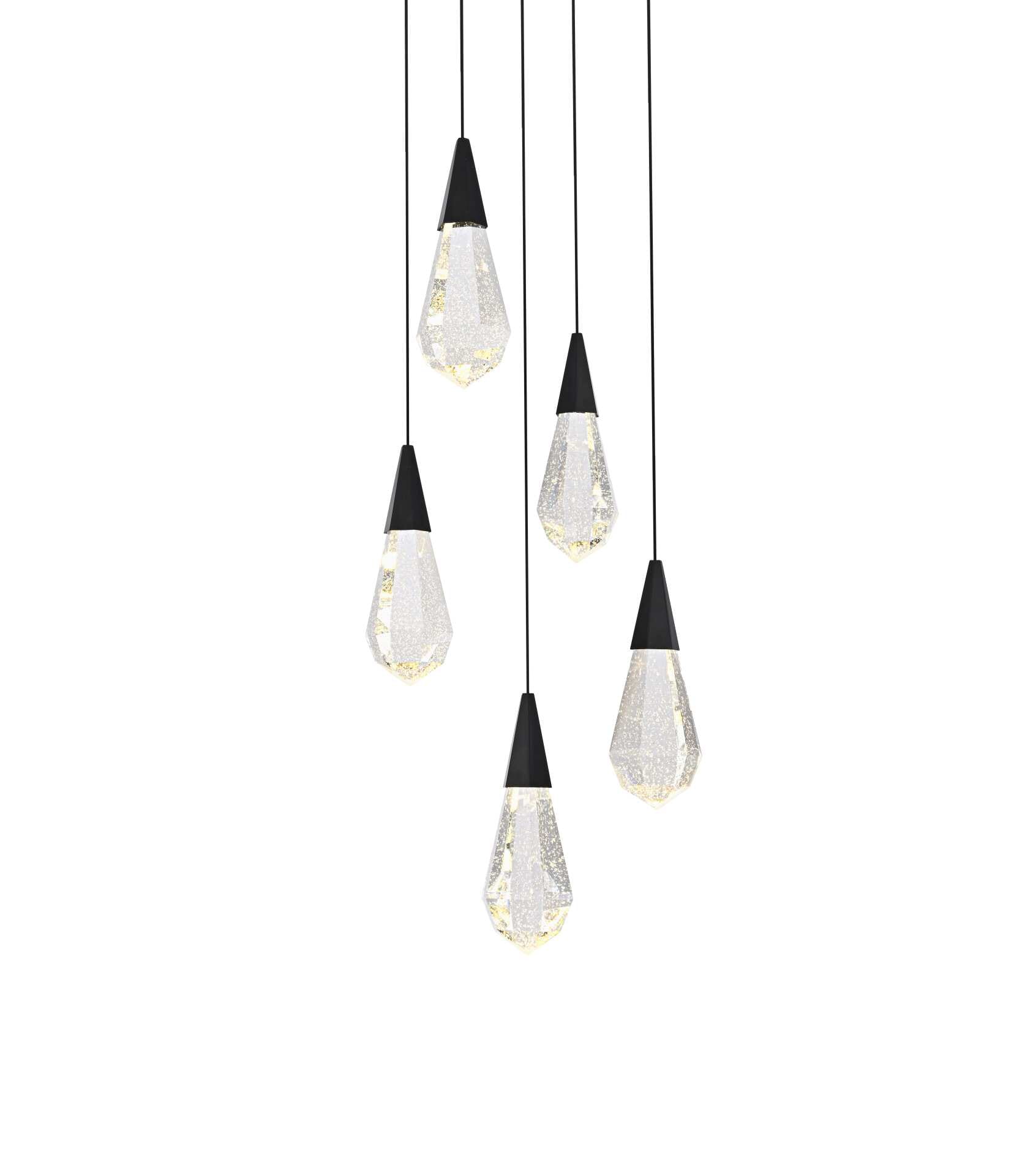 Dimensions
Chain/Rod Length: 142"
Length: 16"
Width: 16"
Height: 10"
Maximum Height: 128"
Wire Length: 142"
Specifications
Assembly Required: yes
Average Life (Hours): 6000
Bulb Included: Yes
Color Temperature: 3500K
CRI: 80
Crystal/Glass Color: Clear
Dimmable: Yes
Distressed Finish: No
Dry/Wet/Damp: Dry
ETL: Yes
Finish (Color): Black and Clear
Fixture Material: Iron and Crystal
Hanging Device: Cord
Hardware Finish: Black
Harware Material: Iron
Lumens: 150
Max/Nominal Watt: 10W
Number of Lights: 5
Product Shape: Round
Product Type: Pendants
Product Warranty: 1 year limited
Socket Type: LED
Voltage: 110V - 125V
Wattage/Bulb: 2W
Watts: 2W
Weight: 26
Wire Included: Yes
Shipment type: Small parcel - alternate view