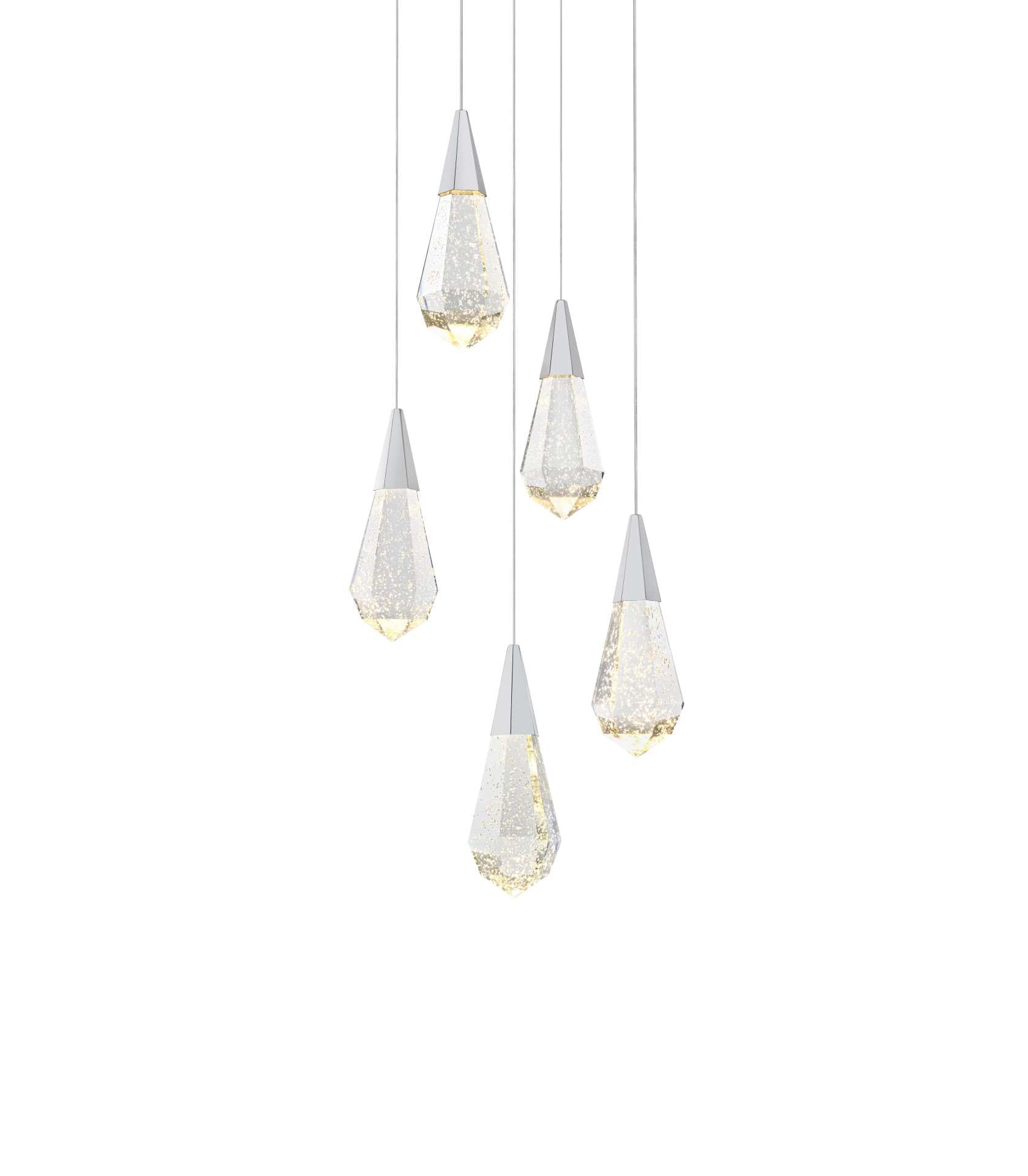 Dimensions
Chain/Rod Length: 142"
Length: 16"
Width: 16"
Height: 10"
Maximum Height: 128"
Wire Length: 142"
Specifications
Assembly Required: yes
Average Life (Hours): 6000
Bulb Included: Yes
Color Temperature: 3500K
CRI: 80
Crystal/Glass Color: Clear
Dimmable: Yes
Distressed Finish: No
Dry/Wet/Damp: Dry
ETL: Yes
Finish (Color): Chrome and Clear
Fixture Material: Iron and Crystal
Hanging Device: Cord
Hardware Finish: Chrome
Harware Material: Iron
Lumens: 150
Max/Nominal Watt: 10W
Number of Lights: 5
Product Shape: Round
Product Type: Pendants
Product Warranty: 1 year limited
Socket Type: LED
Voltage: 110V - 125V
Wattage/Bulb: 2W
Watts: 2W
Weight: 26
Wire Included: Yes
Shipment type: Small parcel - alternate view