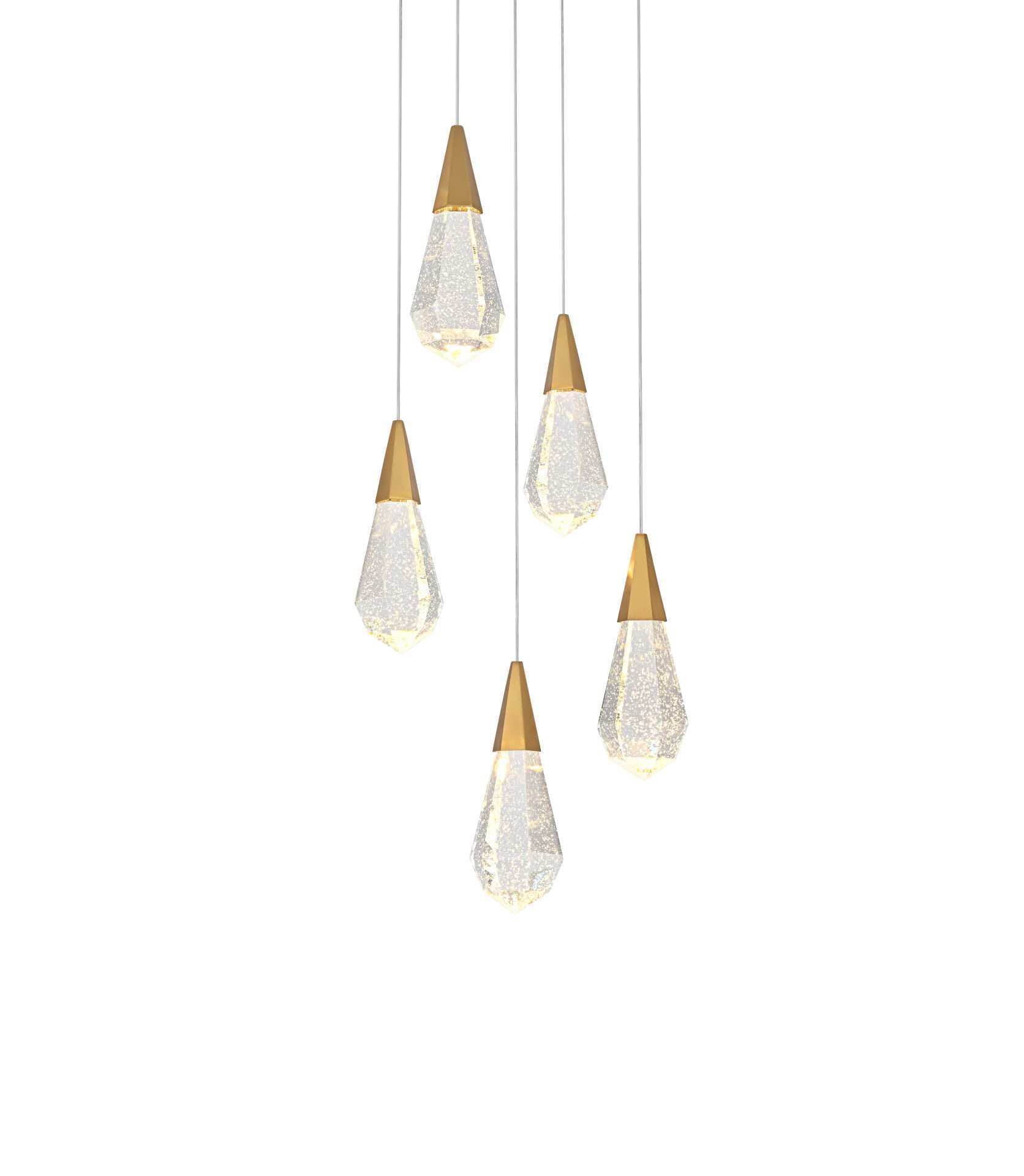 Dimensions
Chain/Rod Length: 142"
Length: 16"
Width: 16"
Height: 10"
Maximum Height: 128"
Wire Length: 142"
Specifications
Assembly Required: yes
Average Life (Hours): 6000
Bulb Included: Yes
Color Temperature: 3500K
CRI: 80
Crystal/Glass Color: Clear
Dimmable: Yes
Distressed Finish: No
Dry/Wet/Damp: Dry
ETL: Yes
Finish (Color): Satin Gold and Clear
Fixture Material: Iron and Crystal
Hanging Device: Cord
Hardware Finish: Satin Gold
Harware Material: Iron
Lumens: 150
Max/Nominal Watt: 10W
Number of Lights: 5
Product Shape: Round
Product Type: Pendants
Product Warranty: 1 year limited
Socket Type: LED
Voltage: 110V - 125V
Wattage/Bulb: 2W
Watts: 2W
Weight: 26
Wire Included: Yes
Shipment type: Small parcel - alternate view