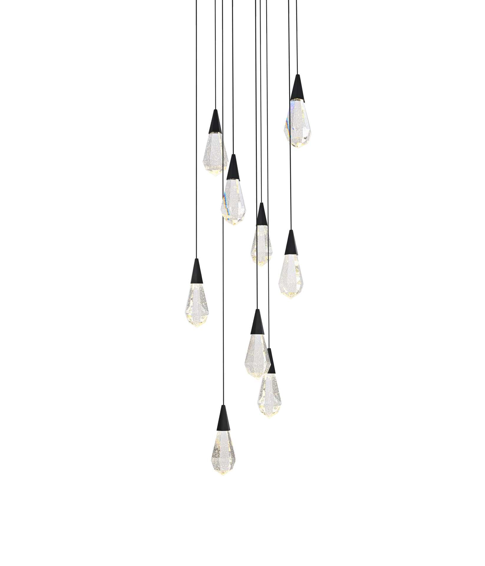 Dimensions
Chain/Rod Length: 142"
Length: 20"
Width: 20"
Height: 10"
Maximum Height: 128"
Wire Length: 142"
Specifications
Assembly Required: yes
Average Life (Hours): 6000
Bulb Included: Yes
Color Temperature: 3500K
CRI: 80
Crystal/Glass Color: Clear
Dimmable: Yes
Distressed Finish: No
Dry/Wet/Damp: Dry
ETL: Yes
Finish (Color): Black and Clear
Fixture Material: Iron and Crystal
Hanging Device: Cord
Hardware Finish: Black
Harware Material: Iron
Lumens: 150
Max/Nominal Watt: 18W
Number of Lights: 9
Product Shape: Round
Product Type: Pendants
Product Warranty: 1 year limited
Socket Type: LED
Voltage: 110V - 125V
Wattage/Bulb: 2W
Watts: 2W
Weight: 44
Wire Included: Yes
Shipment type: Small parcel - alternate view