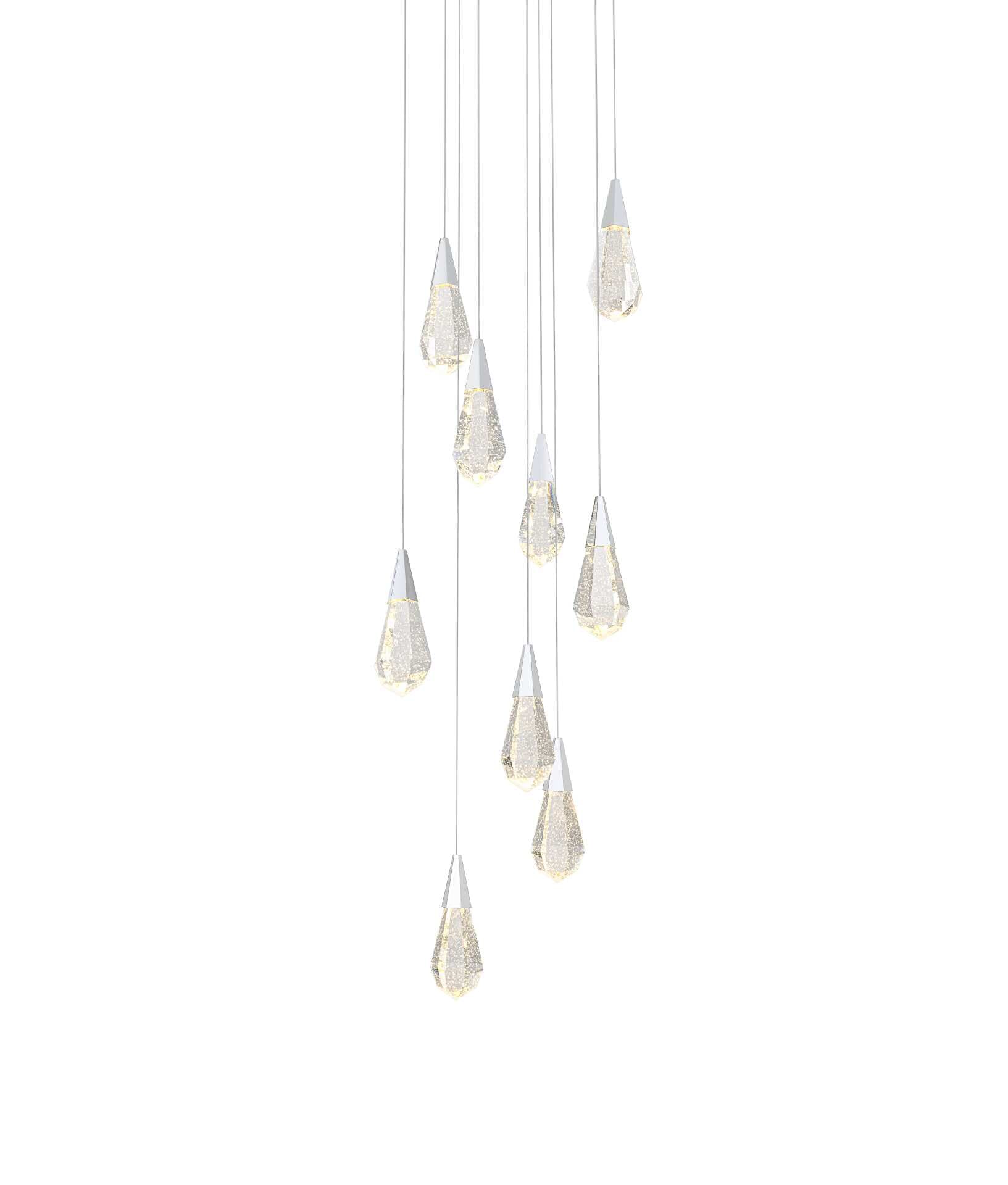 Dimensions
Chain/Rod Length: 142"
Length: 20"
Width: 20"
Height: 10"
Maximum Height: 128"
Wire Length: 142"
Specifications
Assembly Required: yes
Average Life (Hours): 6000
Bulb Included: Yes
Color Temperature: 3500K
CRI: 80
Crystal/Glass Color: Clear
Dimmable: Yes
Distressed Finish: No
Dry/Wet/Damp: Dry
ETL: Yes
Finish (Color): Chrome and Clear
Fixture Material: Iron and Crystal
Hanging Device: Cord
Hardware Finish: Chrome
Harware Material: Iron
Lumens: 150
Max/Nominal Watt: 18W
Number of Lights: 9
Product Shape: Round
Product Type: Pendants
Product Warranty: 1 year limited
Socket Type: LED
Voltage: 110V - 125V
Wattage/Bulb: 2W
Watts: 2W
Weight: 44
Wire Included: Yes
Shipment type: Small parcel - alternate view