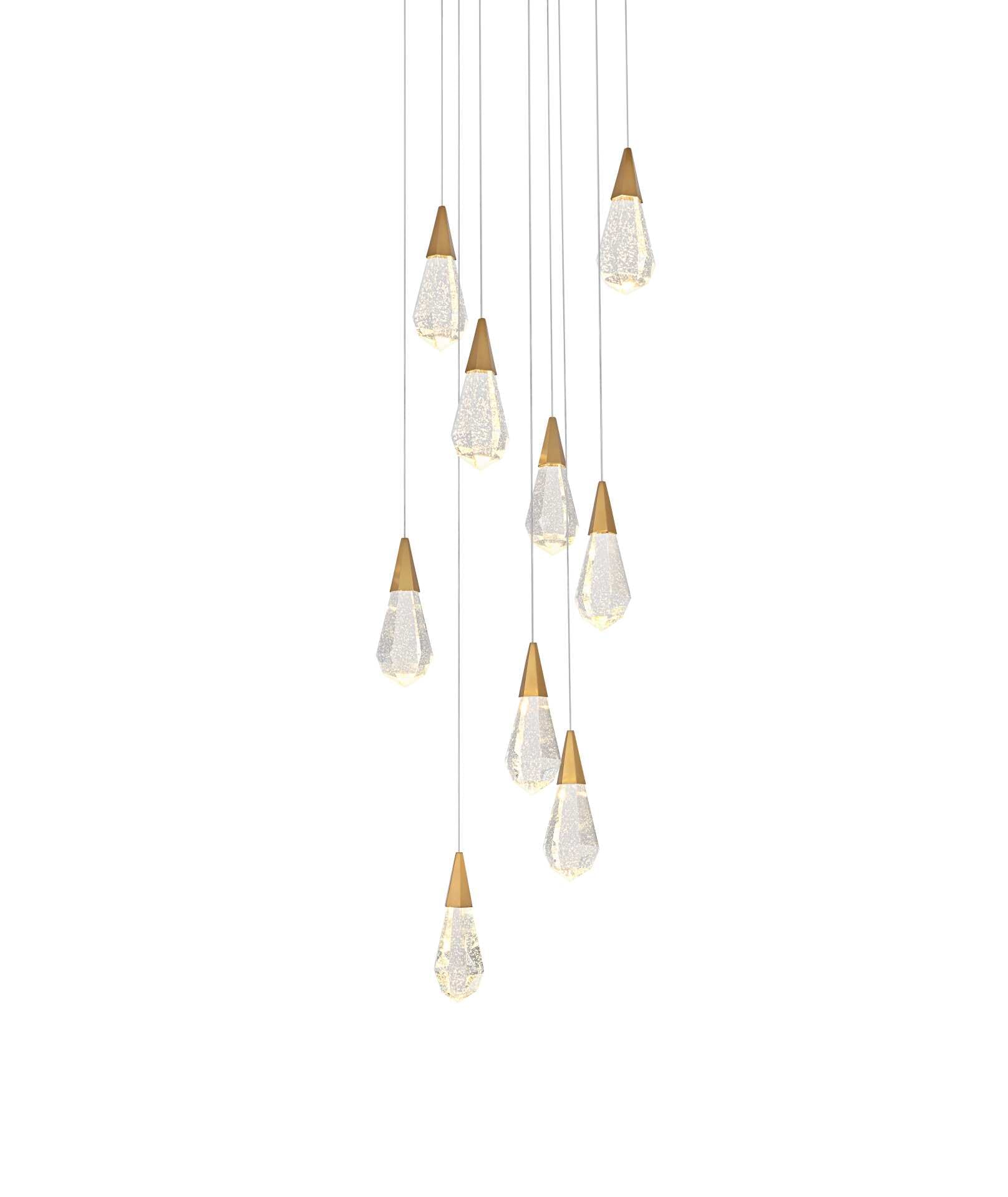 Dimensions
Chain/Rod Length: 142"
Length: 20"
Width: 20"
Height: 10"
Maximum Height: 128"
Wire Length: 142"
Specifications
Assembly Required: yes
Average Life (Hours): 6000
Bulb Included: Yes
Color Temperature: 3500K
CRI: 80
Crystal/Glass Color: Clear
Dimmable: Yes
Distressed Finish: No
Dry/Wet/Damp: Dry
ETL: Yes
Finish (Color): Satin Gold and Clear
Fixture Material: Iron and Crystal
Hanging Device: Cord
Hardware Finish: Satin Gold
Harware Material: Iron
Lumens: 150
Max/Nominal Watt: 18W
Number of Lights: 9
Product Shape: Round
Product Type: Pendants
Product Warranty: 1 year limited
Socket Type: LED
Voltage: 110V - 125V
Wattage/Bulb: 2W
Watts: 2W
Weight: 44
Wire Included: Yes
Shipment type: Small parcel - alternate view