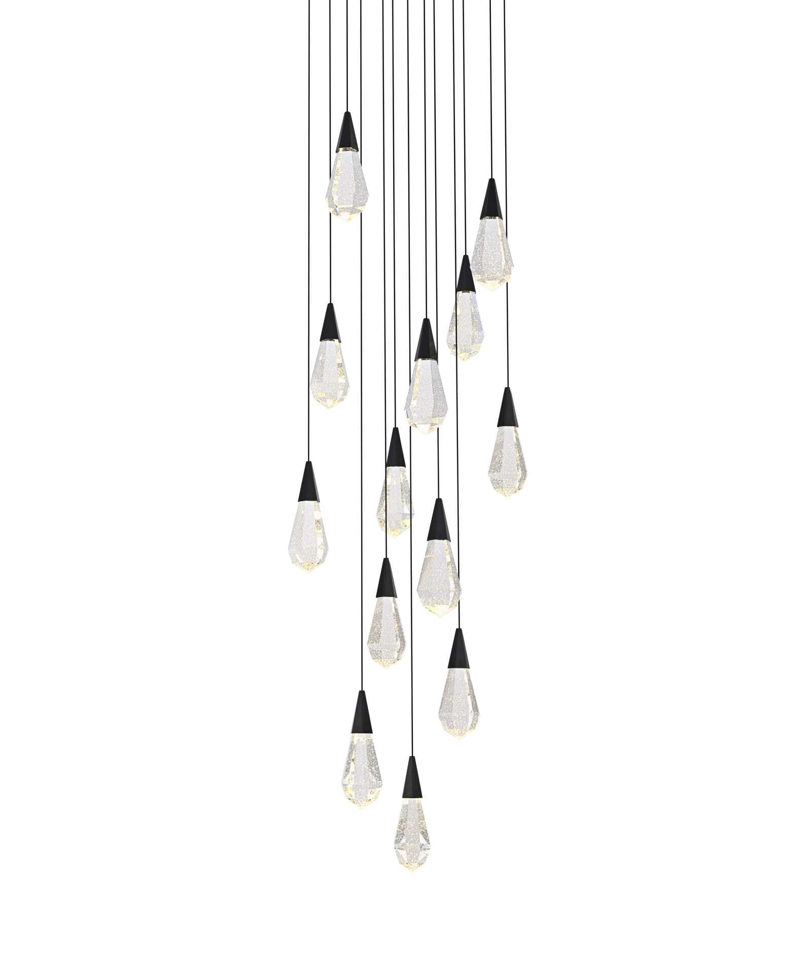 Dimensions
Chain/Rod Length: 142"
Length: 24"
Width: 24"
Height: 10"
Maximum Height: 128"
Wire Length: 142"
Specifications
Assembly Required: yes
Average Life (Hours): 6000
Bulb Included: Yes
Color Temperature: 3500K
CRI: 80
Crystal/Glass Color: Clear
Dimmable: Yes
Distressed Finish: No
Dry/Wet/Damp: Dry
ETL: Yes
Finish (Color): Black and Clear
Fixture Material: Iron and Crystal
Hanging Device: Cord
Hardware Finish: Black
Harware Material: Iron
Lumens: 150
Max/Nominal Watt: 26W
Number of Lights: 13
Product Shape: Round
Product Type: Pendants
Product Warranty: 1 year limited
Socket Type: LED
Voltage: 110V - 125V
Wattage/Bulb: 2W
Watts: 2W
Weight: 64
Wire Included: Yes
Shipment type: Small parcel - alternate view