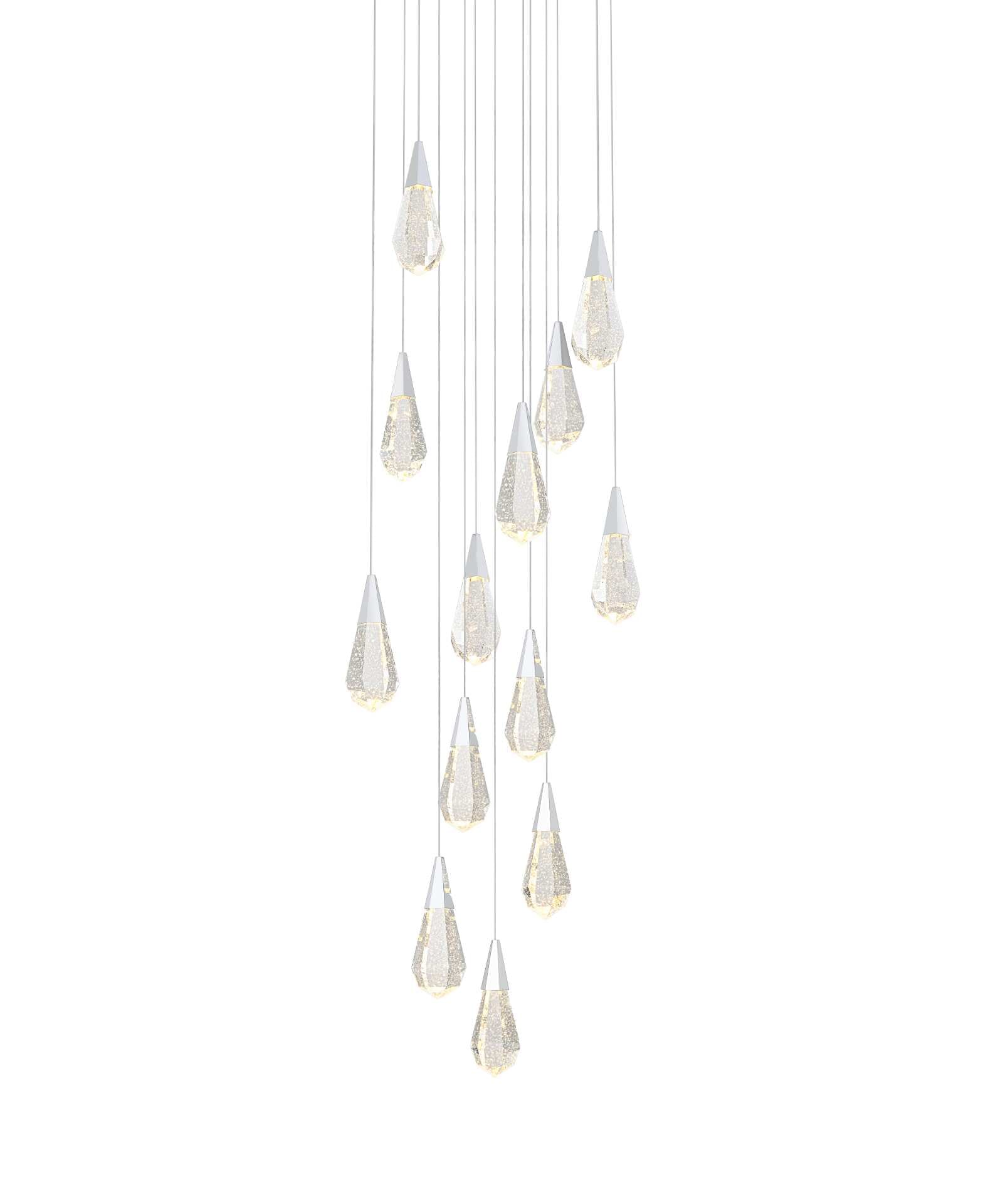 Dimensions
Chain/Rod Length: 142"
Length: 24"
Width: 24"
Height: 10"
Maximum Height: 128"
Wire Length: 142"
Specifications
Assembly Required: yes
Average Life (Hours): 6000
Bulb Included: Yes
Color Temperature: 3500K
CRI: 80
Crystal/Glass Color: Clear
Dimmable: Yes
Distressed Finish: No
Dry/Wet/Damp: Dry
ETL: Yes
Finish (Color): Chrome and Clear
Fixture Material: Iron and Crystal
Hanging Device: Cord
Hardware Finish: Chrome
Harware Material: Iron
Lumens: 150
Max/Nominal Watt: 26W
Number of Lights: 13
Product Shape: Round
Product Type: Pendants
Product Warranty: 1 year limited
Socket Type: LED
Voltage: 110V - 125V
Wattage/Bulb: 2W
Watts: 2W
Weight: 64
Wire Included: Yes
Shipment type: Small parcel - alternate view