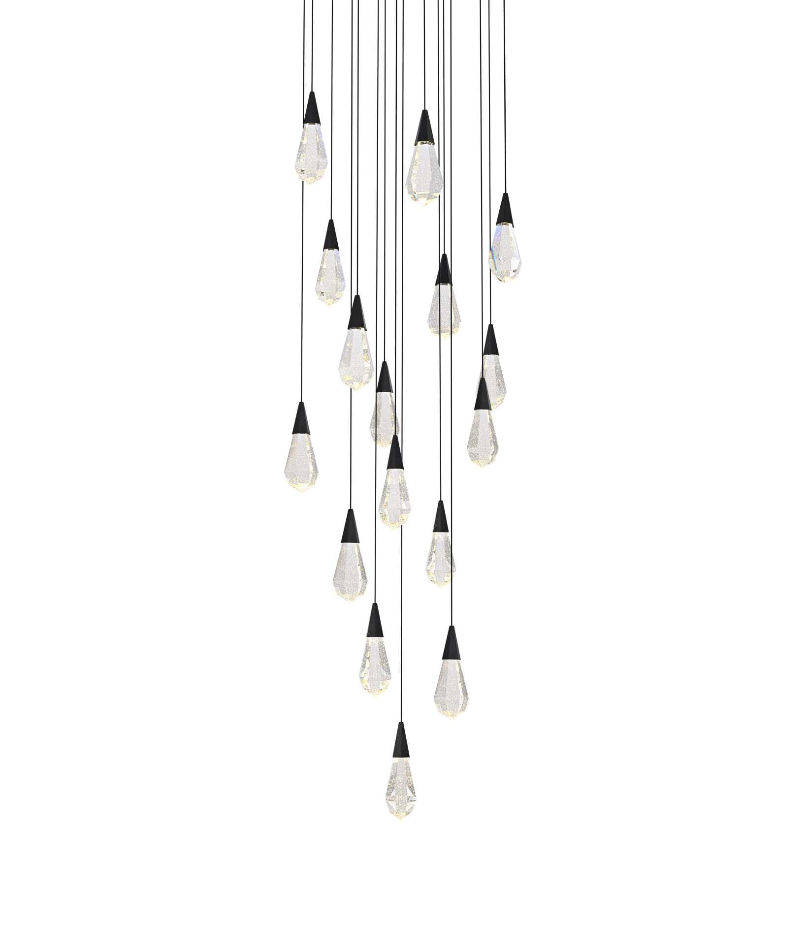 Dimensions
Chain/Rod Length: 142"
Length: 28"
Width: 28"
Height: 10"
Maximum Height: 128"
Wire Length: 142"
Specifications
Assembly Required: yes
Average Life (Hours): 6000
Bulb Included: Yes
Color Temperature: 3500K
CRI: 80
Crystal/Glass Color: Clear
Dimmable: Yes
Distressed Finish: No
Dry/Wet/Damp: Dry
ETL: Yes
Finish (Color): Black and Clear
Fixture Material: Iron and Crystal
Hanging Device: Cord
Hardware Finish: Black
Harware Material: Iron
Lumens: 150
Max/Nominal Watt: 32W
Number of Lights: 16
Product Shape: Round
Product Type: Pendants
Product Warranty: 1 year limited
Socket Type: LED
Voltage: 110V - 125V
Wattage/Bulb: 2W
Watts: 2W
Weight: 78
Wire Included: Yes
Shipment type: Small parcel - alternate view