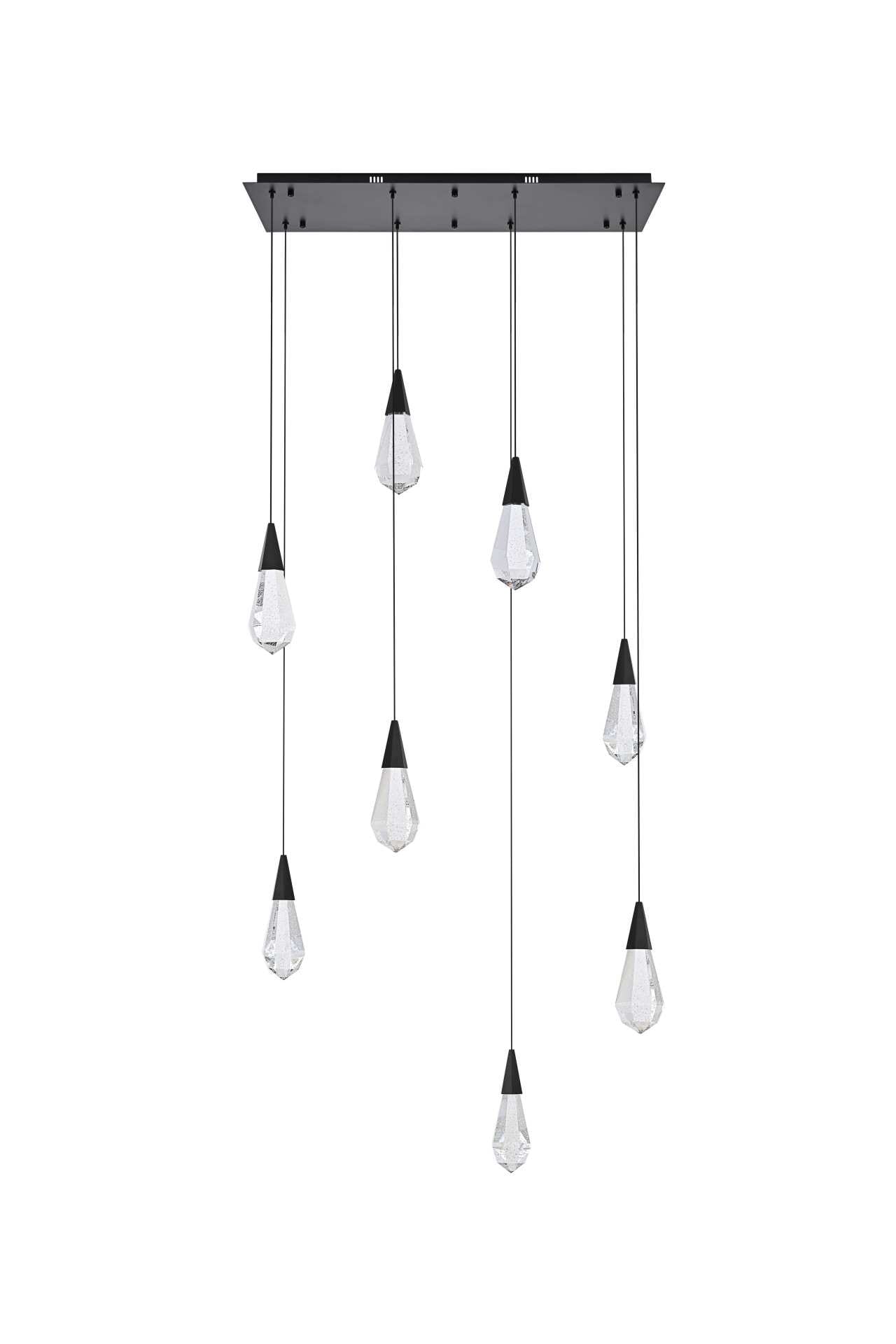 Dimensions
Chain/Rod Length: 142"
Length: 36"
Width: 12"
Height: 10"
Maximum Height: 128"
Wire Length: 142"
Specifications
Assembly Required: yes
Average Life (Hours): 6000
Bulb Included: Yes
Color Temperature: 3500K
CRI: 80
Crystal/Glass Color: Clear
Dimmable: Yes
Distressed Finish: No
Dry/Wet/Damp: Dry
ETL: Yes
Finish (Color): Black and Clear
Fixture Material: Iron and Crystal
Hanging Device: Cord
Hardware Finish: Black
Harware Material: Iron
Lumens: 150
Max/Nominal Watt: 16W
Number of Lights: 8
Product Shape: Rectangle
Product Type: Pendants
Product Warranty: 1 year limited
Socket Type: LED
Voltage: 110V - 125V
Wattage/Bulb: 2W
Watts: 2W
Weight: 44
Wire Included: Yes
Shipment type: Small parcel - alternate view