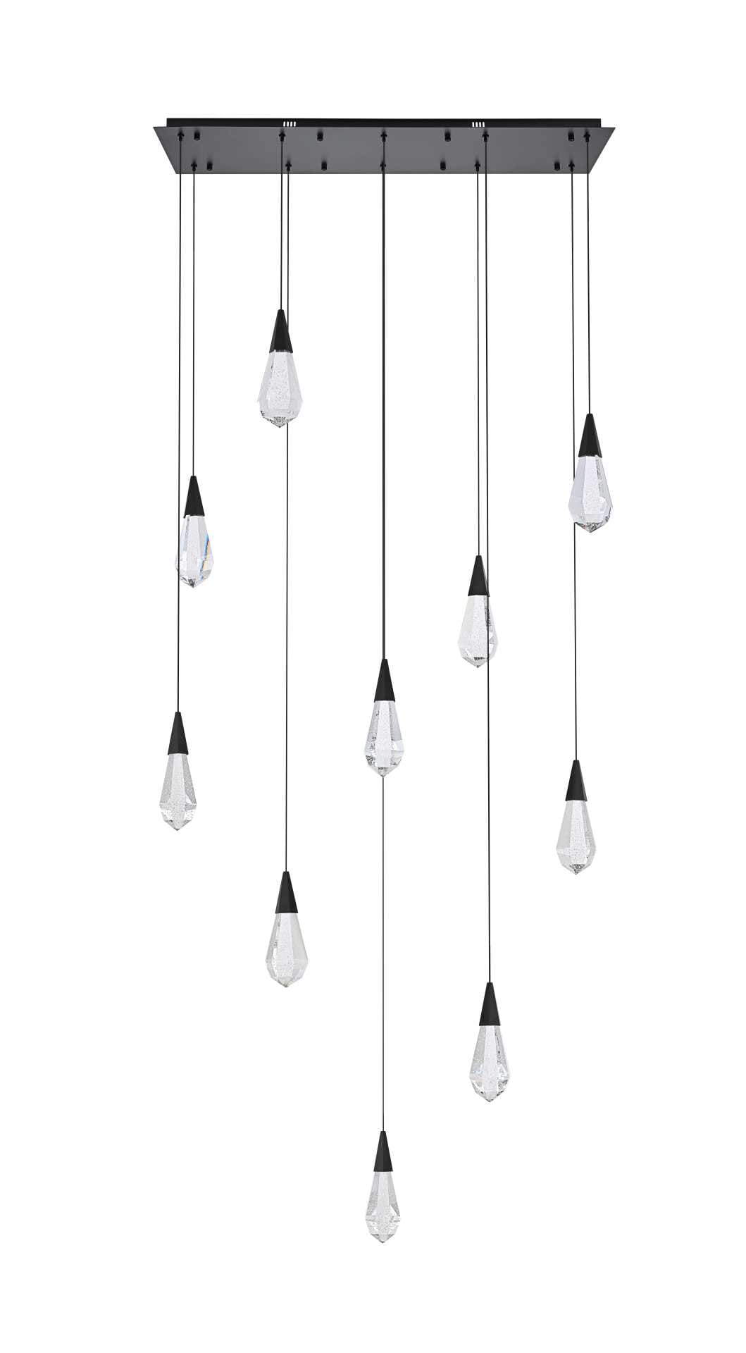 Dimensions
Chain/Rod Length: 142"
Length: 42"
Width: 12"
Height: 10"
Maximum Height: 128"
Wire Length: 142"
Specifications
Assembly Required: yes
Average Life (Hours): 6000
Bulb Included: Yes
Color Temperature: 3500K
CRI: 80
Crystal/Glass Color: Clear
Dimmable: Yes
Distressed Finish: No
Dry/Wet/Damp: Dry
ETL: Yes
Finish (Color): Black and Clear
Fixture Material: Iron and Crystal
Hanging Device: Cord
Hardware Finish: Black
Harware Material: Iron
Lumens: 150
Max/Nominal Watt: 20W
Number of Lights: 10
Product Shape: Rectangle
Product Type: Pendants
Product Warranty: 1 year limited
Socket Type: LED
Voltage: 110V - 125V
Wattage/Bulb: 2W
Watts: 2W
Weight: 53
Wire Included: Yes
Shipment type: Small parcel - alternate view