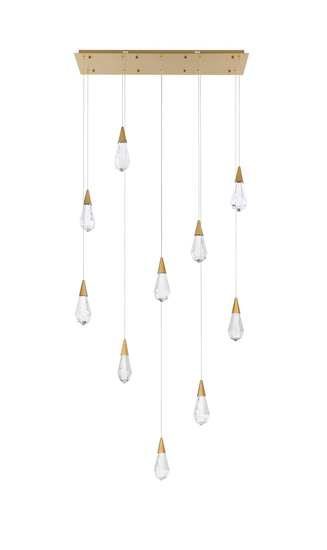 Dimensions
Chain/Rod Length: 142"
Length: 42"
Width: 12"
Height: 10"
Maximum Height: 128"
Wire Length: 142"
Specifications
Assembly Required: yes
Average Life (Hours): 6000
Bulb Included: Yes
Color Temperature: 3500K
CRI: 80
Crystal/Glass Color: Clear
Dimmable: Yes
Distressed Finish: No
Dry/Wet/Damp: Dry
ETL: Yes
Finish (Color): Satin Gold and Clear
Fixture Material: Iron and Crystal
Hanging Device: Cord
Hardware Finish: Satin Gold
Harware Material: Iron
Lumens: 150
Max/Nominal Watt: 20W
Number of Lights: 10
Product Shape: Rectangle
Product Type: Pendants
Product Warranty: 1 year limited
Socket Type: LED
Voltage: 110V - 125V
Wattage/Bulb: 2W
Watts: 2W
Weight: 53
Wire Included: Yes
Shipment type: Small parcel - alternate view