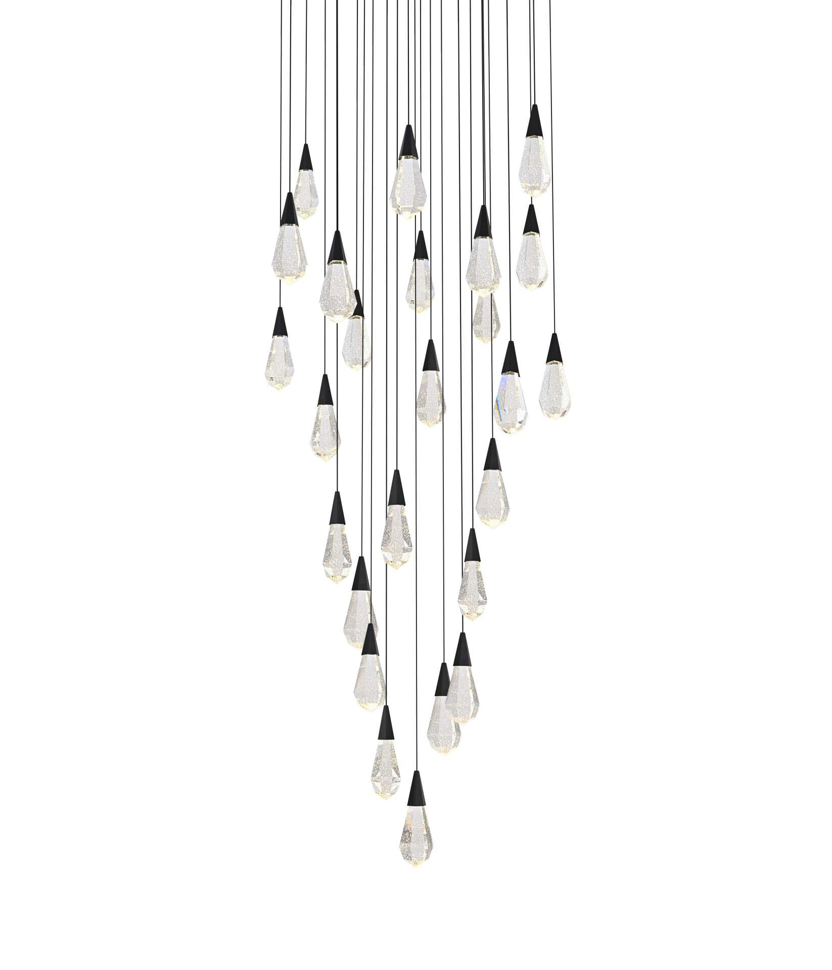 Dimensions
Chain/Rod Length: 142"
Length: 36"
Width: 36"
Height: 10"
Maximum Height: 128"
Wire Length: 142"
Specifications
Assembly Required: yes
Average Life (Hours): 6000
Bulb Included: Yes
Color Temperature: 3500K
CRI: 80
Crystal/Glass Color: Clear
Dimmable: Yes
Distressed Finish: No
Dry/Wet/Damp: Dry
ETL: Yes
Finish (Color): Black and Clear
Fixture Material: Iron and Crystal
Hanging Device: Cord
Hardware Finish: Black
Harware Material: Iron
Lumens: 150
Max/Nominal Watt: 50W
Number of Lights: 25
Product Shape: Round
Product Type: Chandeliers
Product Warranty: 1 year limited
Socket Type: LED
Voltage: 110V - 125V
Wattage/Bulb: 2W
Watts: 2W
Weight: 124
Wire Included: Yes
Shipment type: Oversize ground - alternate view