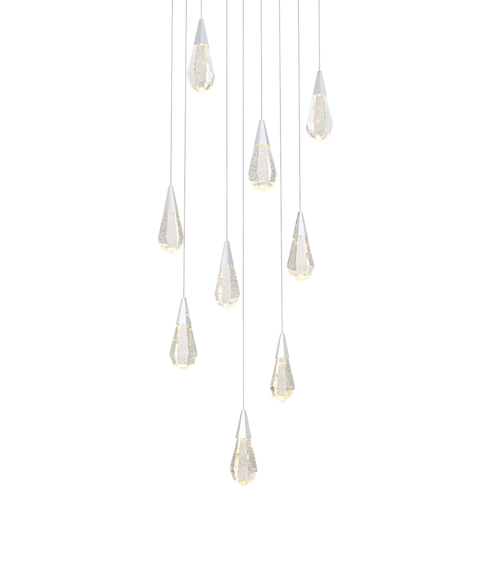 Dimensions
Chain/Rod Length: 142"
Length: 20"
Width: 20"
Height: 10"
Maximum Height: 128"
Wire Length: 142"
Specifications
Assembly Required: yes
Average Life (Hours): 6000
Bulb Included: Yes
Color Temperature: 3500K
CRI: 80
Crystal/Glass Color: Clear
Dimmable: Yes
Distressed Finish: No
Dry/Wet/Damp: Dry
ETL: Yes
Finish (Color): Chrome and Clear
Fixture Material: Iron and Crystal
Hanging Device: Cord
Hardware Finish: Chrome
Harware Material: Iron
Lumens: 150
Max/Nominal Watt: 18W
Number of Lights: 9
Product Shape: Rectangle
Product Type: Pendants
Product Warranty: 1 year limited
Socket Type: LED
Voltage: 110V - 125V
Wattage/Bulb: 2W
Watts: 2W
Weight: 47
Wire Included: Yes
Shipment type: Small parcel - alternate view