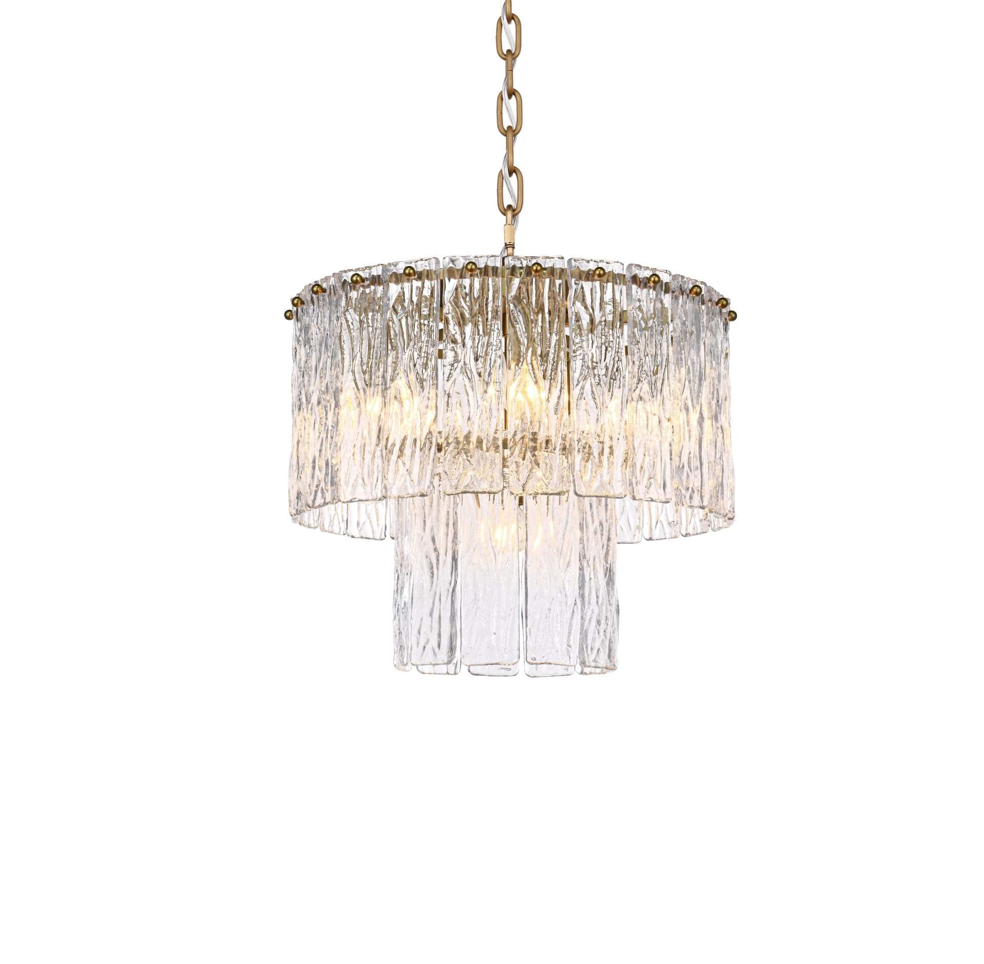 Dimensions
Chain/Rod Length: 59"
Length: 16"
Width: 16"
Height: 13"
Maximum Height: 79"
Wire Length: 142"
Specifications
Assembly Required: yes
Bulb Included: No
Crystal/Glass Color: Clear
Dimmable: Yes
Distressed Finish: No
Dry/Wet/Damp: Dry
ETL: Yes
Finish (Color): Satin Gold and Clear
Fixture Material: Iron and Glass
Hanging Device: Chain
Hardware Finish: Satin Gold
Harware Material: Iron
Max/Nominal Watt: 240W
Number of Lights: 6
Product Shape: Round
Product Type: Chandeliers
Product Warranty: 1 year limited
Socket Type: E12
Voltage: 110V - 125V
Wattage/Bulb: 40W
Weight: 19
Wire Included: Yes
Shipment type: Small parcel - alternate view