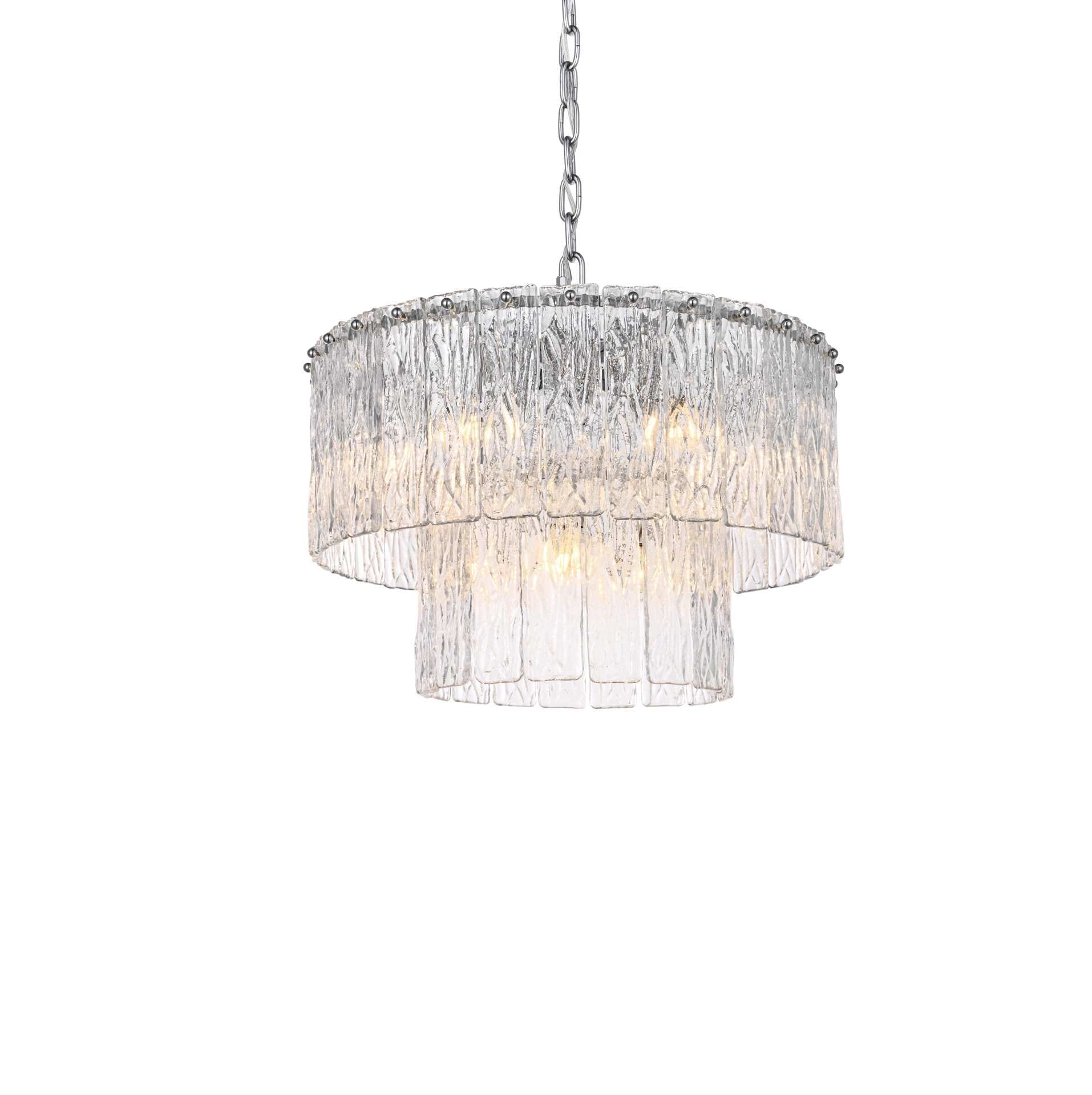 Dimensions
Chain/Rod Length: 59"
Length: 20"
Width: 20"
Height: 13"
Maximum Height: 79"
Wire Length: 142"
Specifications
Assembly Required: yes
Bulb Included: No
Crystal/Glass Color: Clear
Dimmable: Yes
Distressed Finish: No
Dry/Wet/Damp: Dry
ETL: Yes
Finish (Color): Chrome and Clear
Fixture Material: Iron and Glass
Hanging Device: Chain
Hardware Finish: Chrome
Harware Material: Iron
Max/Nominal Watt: 360W
Number of Lights: 9
Product Shape: Round
Product Type: Chandeliers
Product Warranty: 1 year limited
Socket Type: E12
Voltage: 110V - 125V
Wattage/Bulb: 40W
Weight: 25
Wire Included: Yes
Shipment type: Small parcel - alternate view